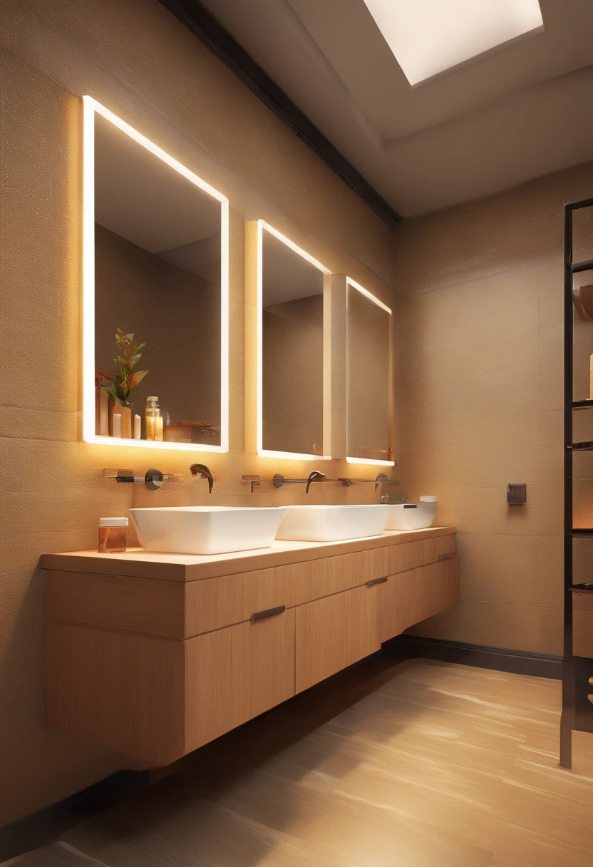 There are plenty of urinals in the public restrooms，There is a painting on the wall, photograph of 3d ios room, tiled room squared waterway, 3 d stylize scene, 3D scene, 3d scene, Detailed scenery —width 672, 3 D CG, 3D CG, show room scene, Ancient sword, Rustic, ancient interior tent background