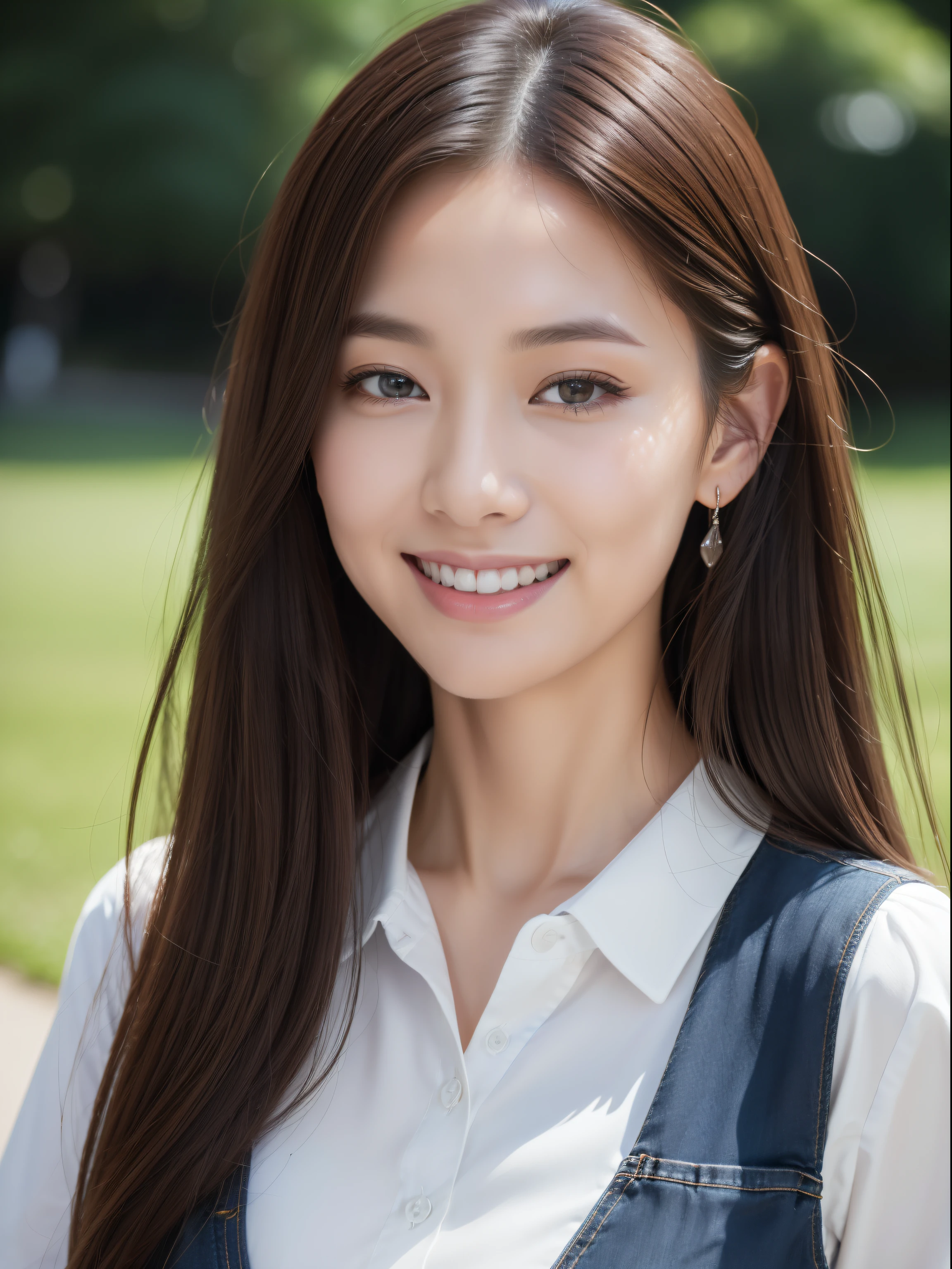((top-quality、8K、masterpiece:1.3))、1girl in、A smile、The upper part of the body、Slim Faces、Pretty women、(dark brown hair)、Neat and clean clothing、White cutter shirt:1.4、Neat and clean image、Lower body jeans、Not too big bust、hyperdetailed face、A detailed eye、二重まぶた、a park