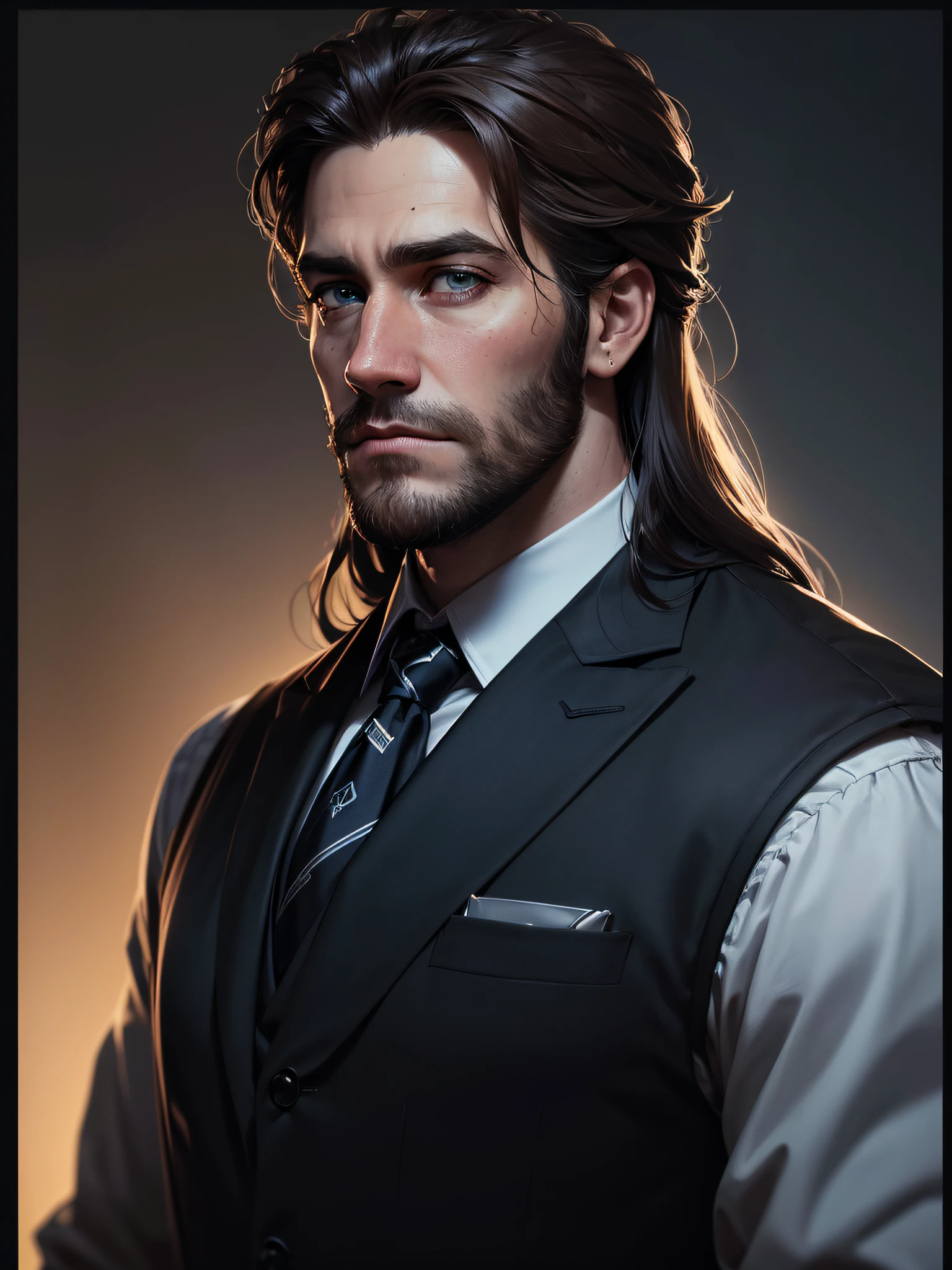 (Jake Gyllenhaal), (((one man))), ((social clothes)), ((wearing a formal shirt and blue tie with a black vest over it)), ((absurdres)), (masterpiece 1.3), (Sylas from League of Legends), ((magician)), (mage) (incredibly detailed), (highres:1.1), (high detailed skin:1.4), (high quality lighting), (skin texture), (UHD), (64K), (studio lighting), (photorealistic), (hyper realistic), (symmetric face), (unreal engine), (bokeh), (high resolution scan), (professional photograph), ((stunning handsome man)), ((short beard)), ((stoic)), ((stern looking)) , (dastan character game), (symmetrical eyes), (strong jawline), (blue eyes), (dark brown hair), (Long hair), (1man), (solo), (dark atmosphere), ((a Man manipulating magic cards))