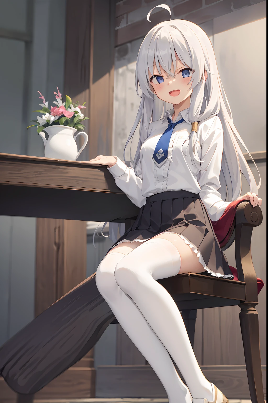 (masterpiece, best quality, highres),
elaina, solo, short skirt, white legwear, shirt, smile, long hair, open mouth, white shirt, thighhighs, blue necktie, looking at viewer, :d, , boots, white thighhighs,  brown skirt,  high heels, black footwear, frills, braid, indoors, high-waist skirt, collared shirt, sitting