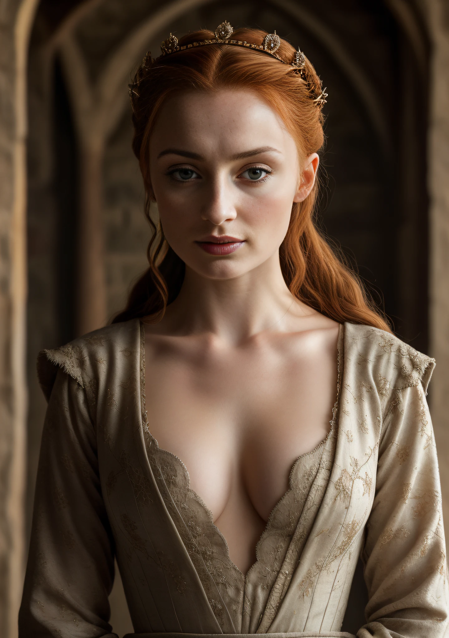 Masterpiece, Alayne Stone, Gorgeous Woman, Queen, queen lady, Lady of Winterfell, Wardeness of the North, and Sansa Stark, the de facto Lady of the Eyrie, 25 years Old, she is a Full growned mature lady now, beautiful mature lady, the queen, milf beauty, mature queen, Best quality, a small, perfectly visible mole on her breast, a captivating woman, fully ripen milf body, lustful queen, alluring appearance, unrivaled beauty, wonderful breasts, large breasts, mediaeval erotic costumes, a Game of Thrones-inspired costume, a close-up of a woman from the middle ages, sansa stark, sansa, resembles sophie turner, sophie turner, scene from "Game of Throne," deep cleavage, warrior princess, healthy body, perfect thick body, attractive figure, fleshy body, style of "Game of Throne," beautiful lady, beautiful woman, mediaeval clothes, stunning woman, 8K, insane details, dress made of clothes and jewelry, round face, perfect hair, styled hair, perfect hands, perfect fingers, perfect eyes