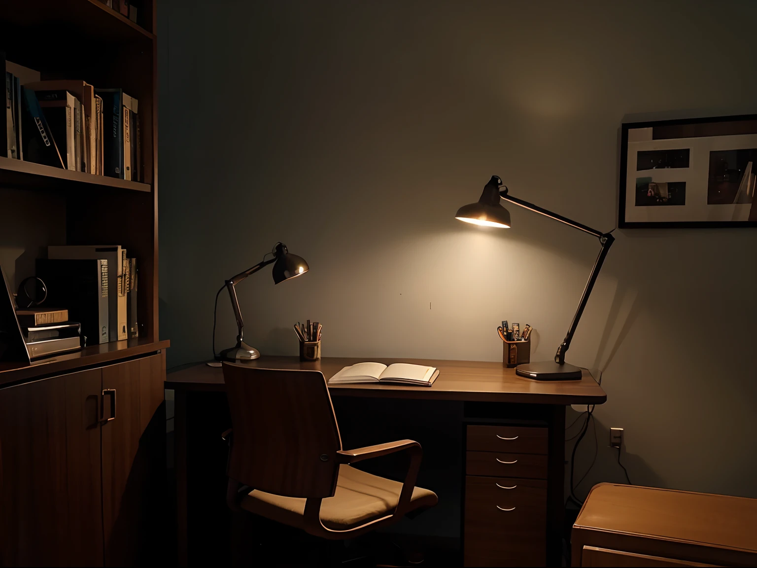 Dark room, desk, viewed from the side, floor lamp, Bookshelf, drawe