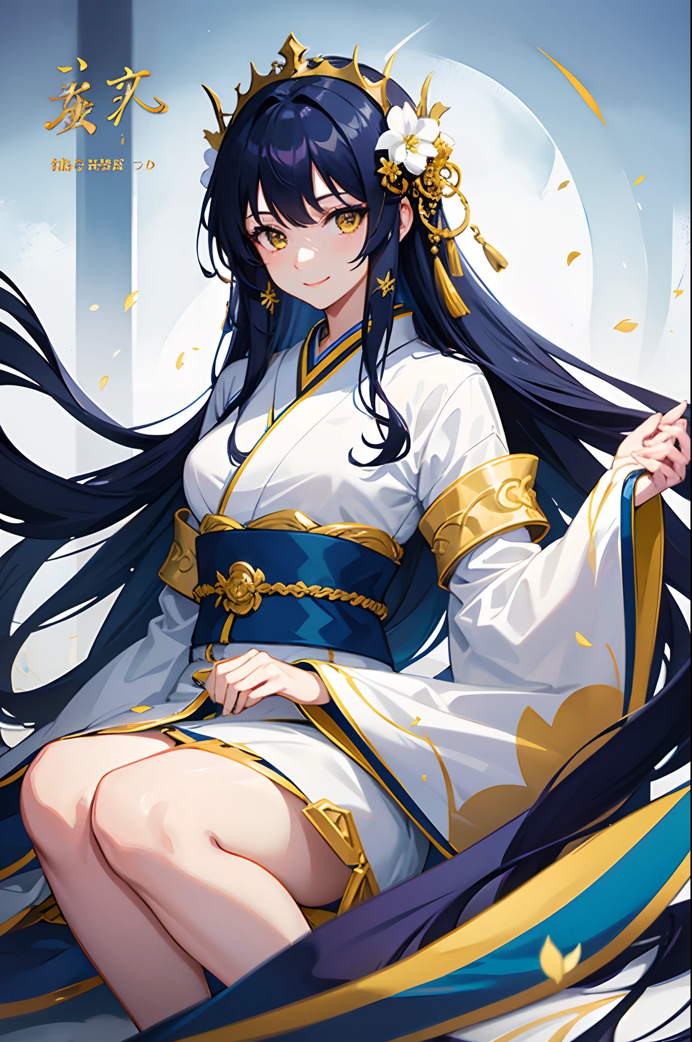 Cover magazine, anime, woman, solo, long hair, dark blue hair, yellow eyes, model, beautiful, upper body potrait, fantasy, lady, princess, in Japanese style, white kimono, hair accessories, smile. Female