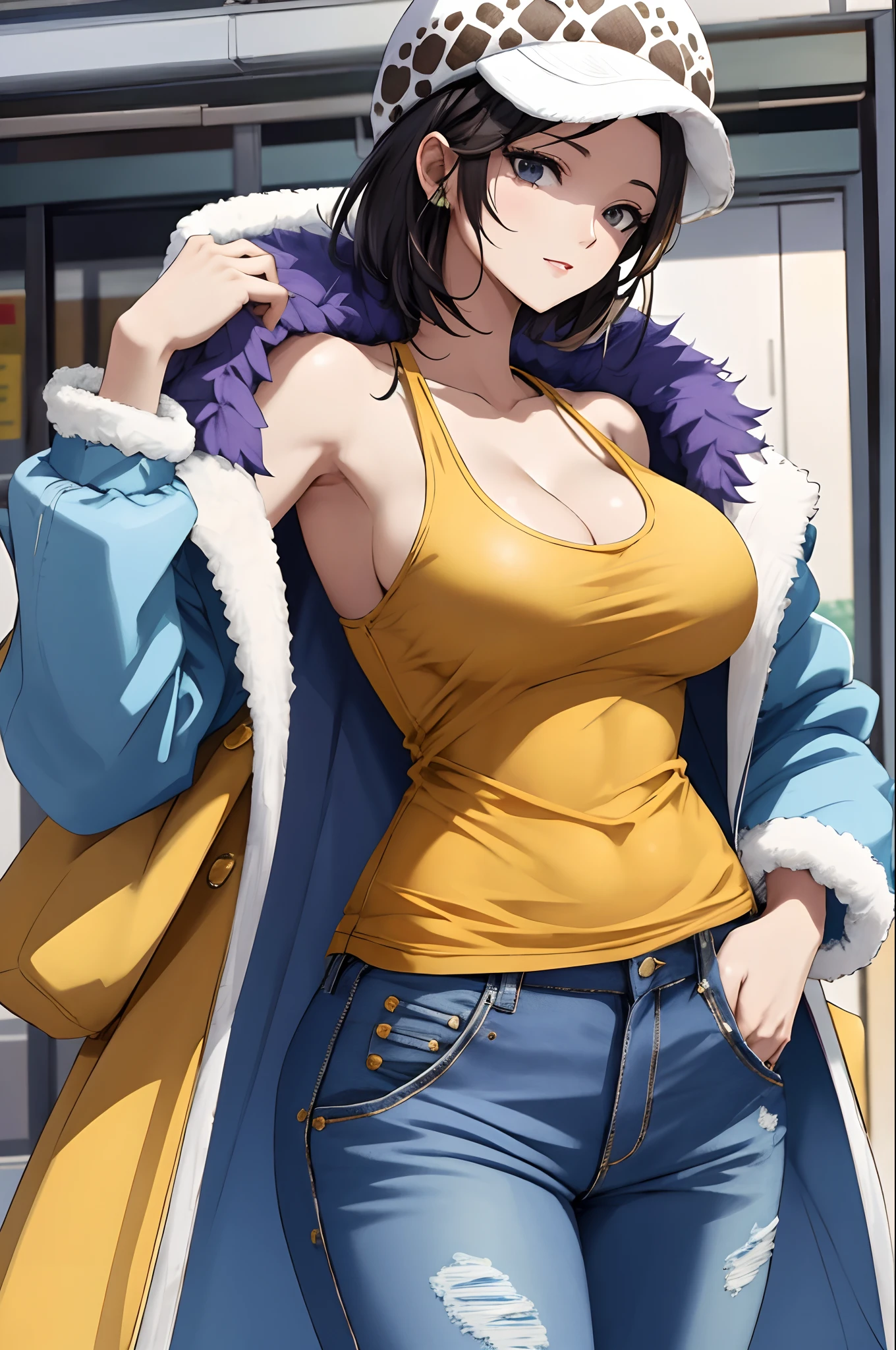 tmasterpiece，Best quality at best，8K，Large breasts，cleavage，
femele， solo， looking at viewert， short detailed hair，big cleavage breasts， bucket-hat， nabel， halter，Black hair， clavicle， 耳Nipple Ring， short detailed hair，hason， trouser，Manteau， fur-trim， Denim， denim pant， Fur decorative coat， coat on shoulders， yellow tanktop，///，