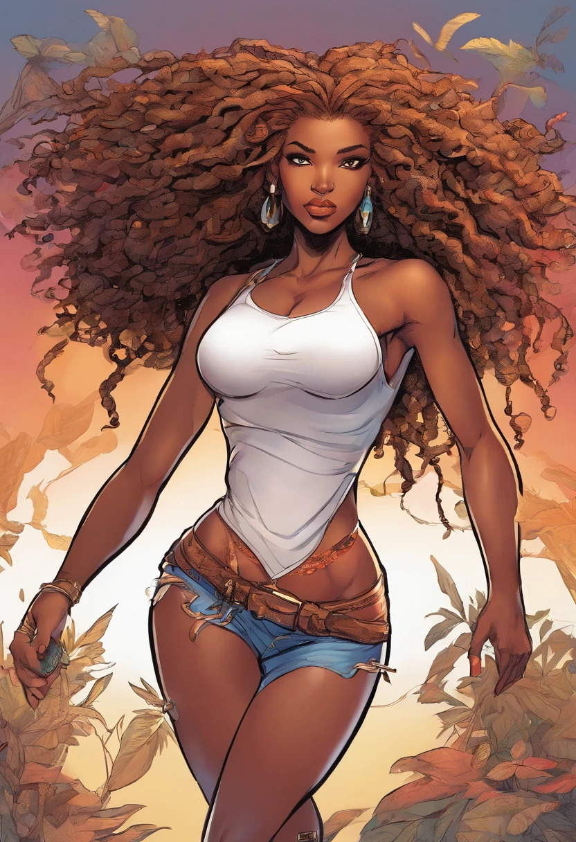 (A girl,A woman,A lady) with (ebony,black) (skin,complexion) and (Long, Flowing) ( Nero, Dark) (dreadlocks, Hair), (Beautiful detailed eyes,beautiful detailed lips,Extremely detailed eyes and face,long eyelasher). She wears modern T-shirt jeans, and her (Graceful, elegant) The posture exudes confidence and (Femininity, strength)Standing. The scene is full body(Realistic,Photorealistic:1.37) and (Best quality,A high resolution), with (Vivid,Rich) Color and (Sharp,undefined) Details.