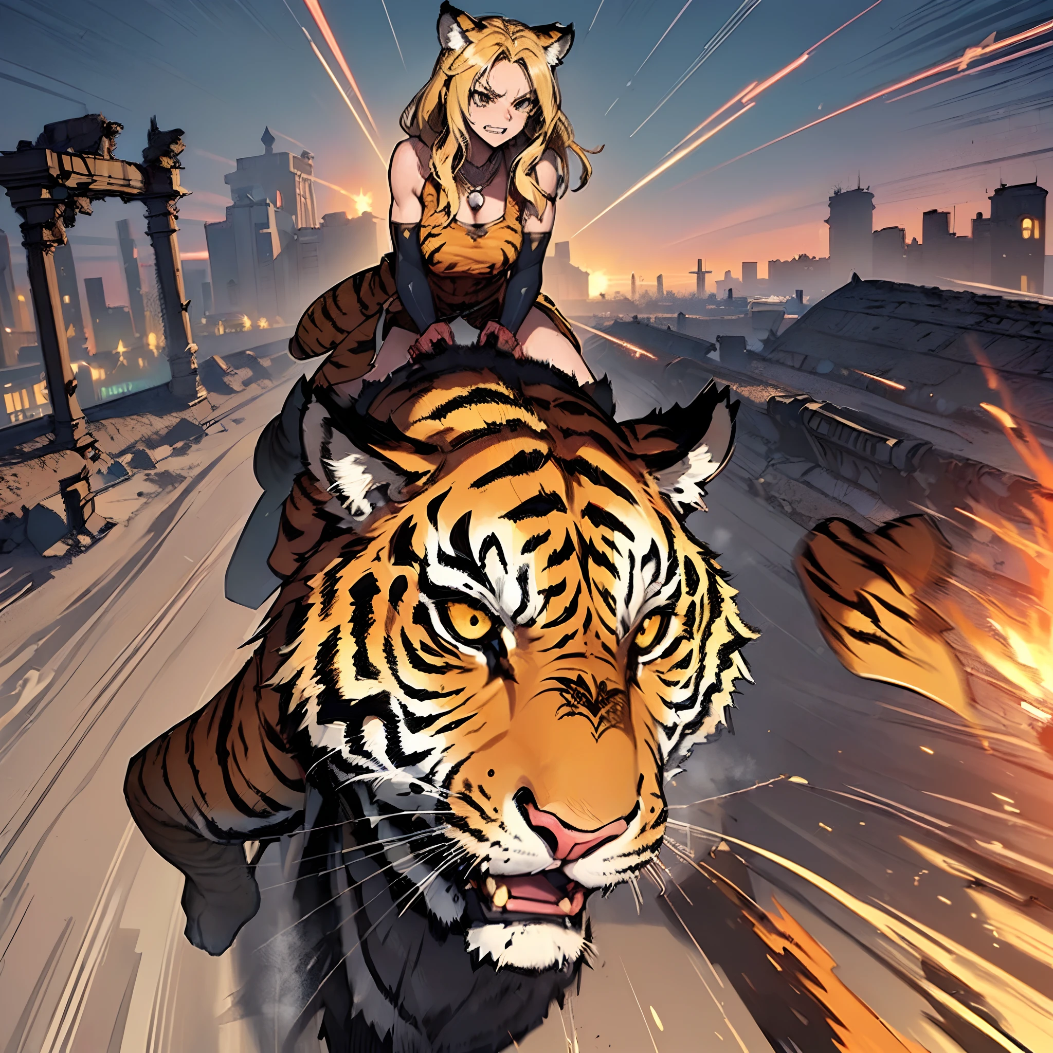 20yo 1girl, solo, (angry:1.4), small chest, (muscular, fang,:1.4), (blonde long hair, tiger print bang:1.4),(tiger ears, locket necklace, triangle locket:1.2), (tiger print long pant, tiger print elbow gloves, black knee boot:1.2), ( light particles, motion lines, speed lines, motion blur, The girl's hair flutter wildly in the wind, high speed:1.4), (fantasy, ruin city in desert:1.4),