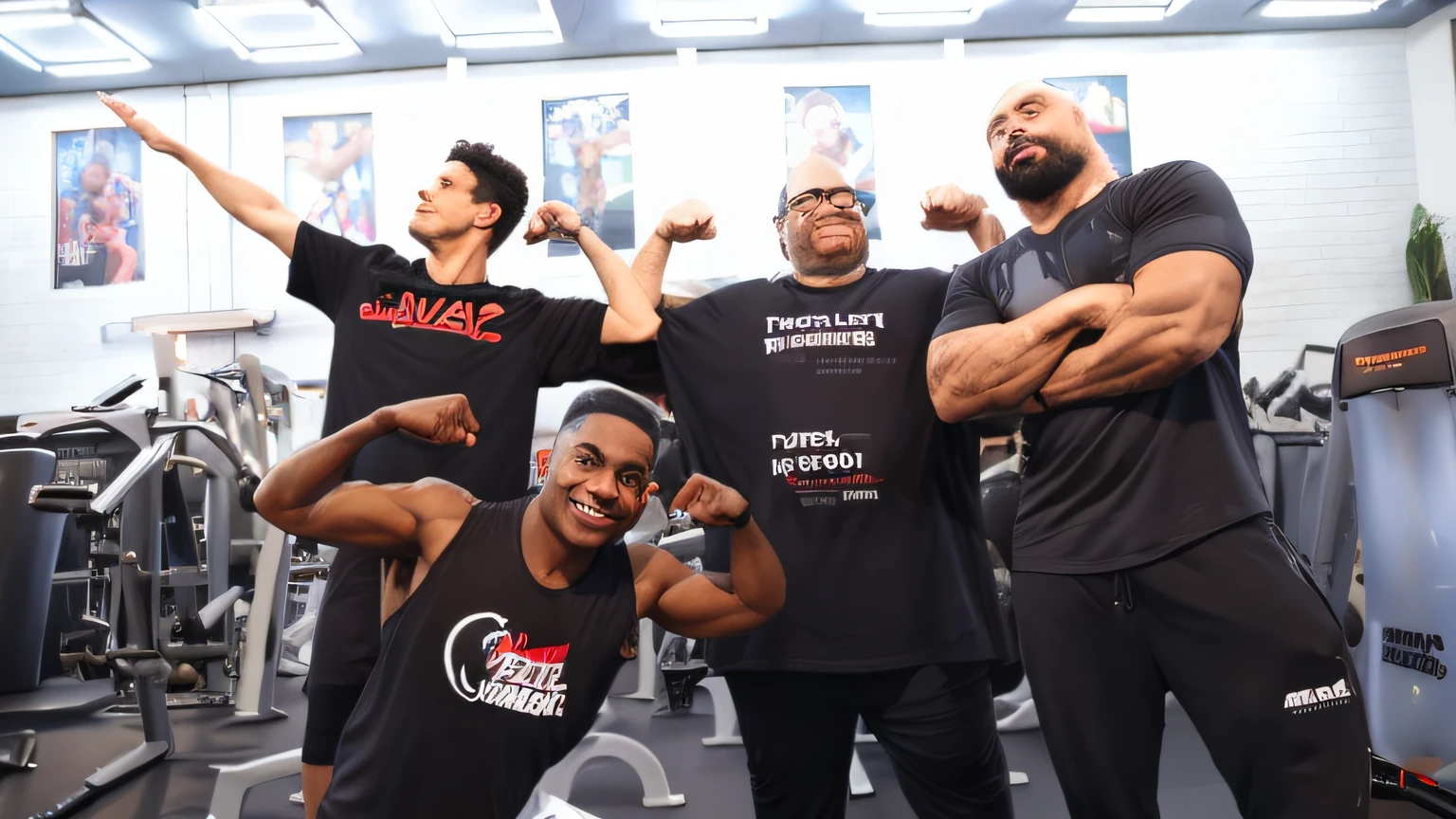 There are four men posing for a photo at a gym, local gym, Foto tirada em 2018, olhando parcialmente para a esquerda, suave em _ O pano de fundo, foto de grupo, em um fundo escuro, Motivacional, Directed by: Carla Wyzgala, tiro largo!!!!!!, put on 1 0 0 pounds of muscle, suave em segundo plano, foto ainda, foto do cartaz