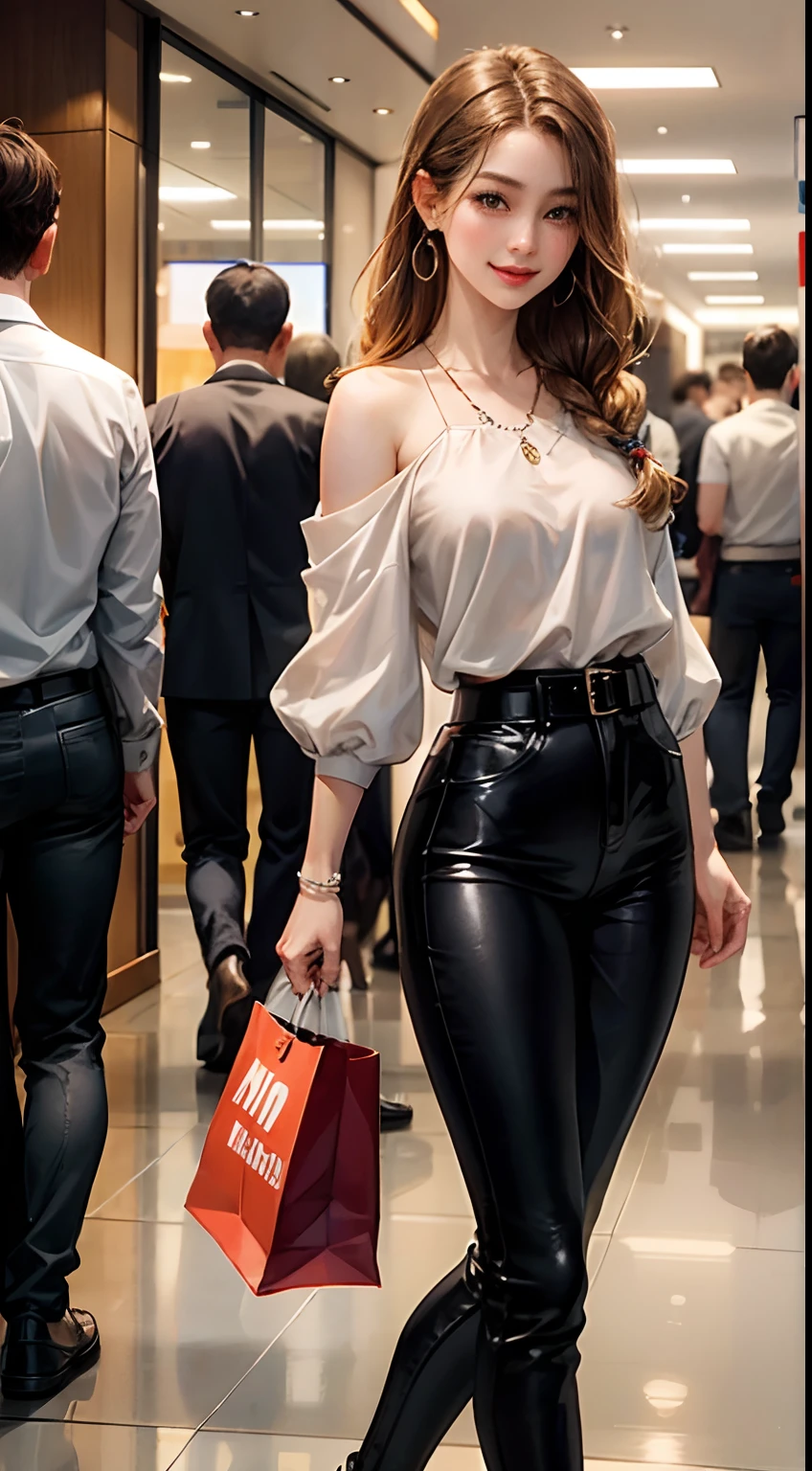 The figure is a full-body photo、It is a standing figure、One Japan Woman、The year is 25 years old、Looking at the photographer with a smile、Trying to hug、Wearing black leather pants、Wearing a brown blouse、Wearing long brown boots、The chest is open,Wearing earrings、Wearing a stylish necklace、Shaggy Hairstyles、hair color is light brown、Model body type、the buttocks are small、Thin thighs、thin waist、Wear a stylish belt、The background is a shopping center、 -Live --auto