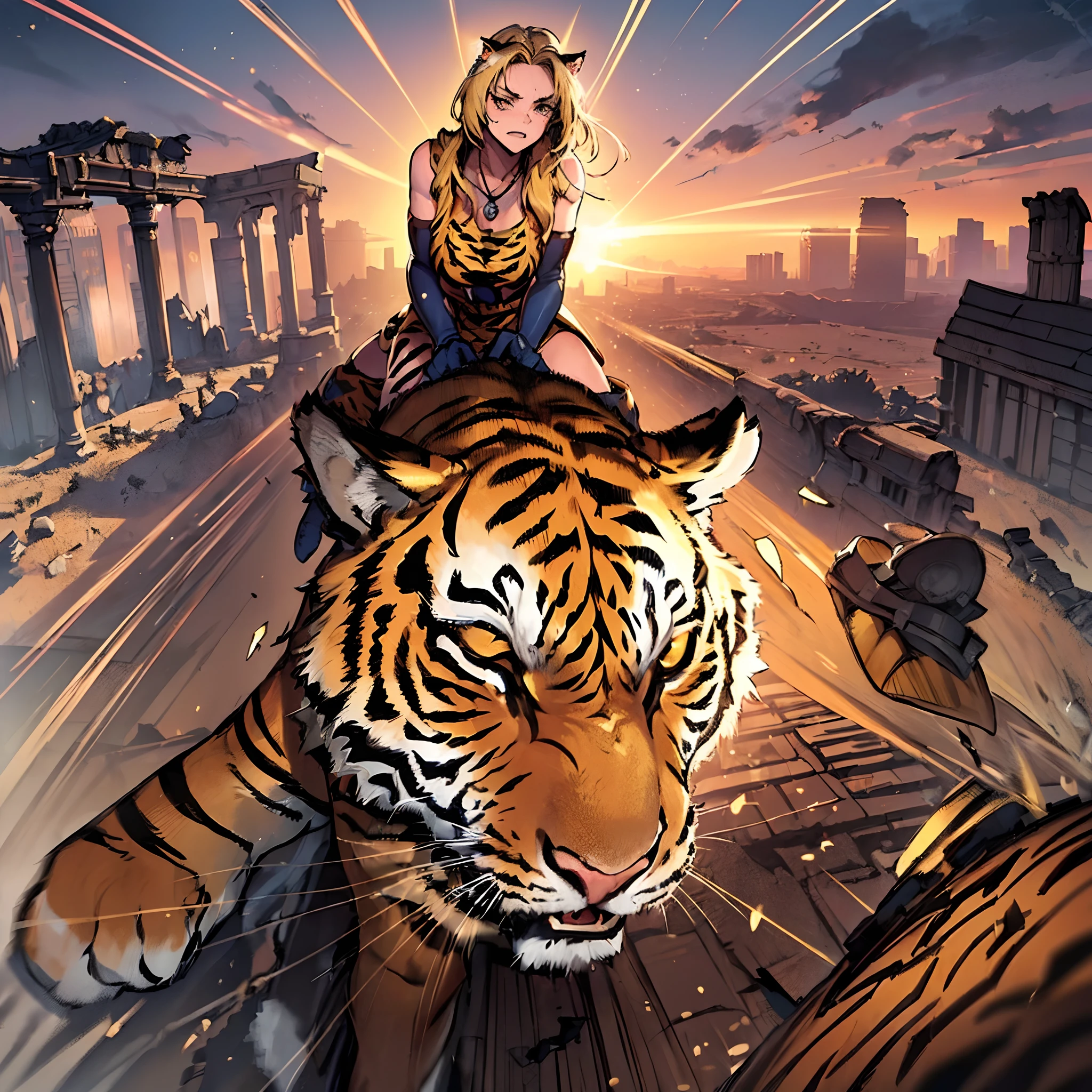 20yo 1girl, solo, (angry:1.2), small chest, (muscular:1.2), fang, (blonde long hair, tiger print bang:1.4),(tiger ears, locket necklace, triangle locket:1.2), (tiger print long pant, tiger print elbow gloves, black knee boot:1.2), ( light particles, motion lines, speed lines, motion blur, The girl's hair flutter wildly in the wind, high speed:1.4), (fantasy, ruin city in desert:1.4),