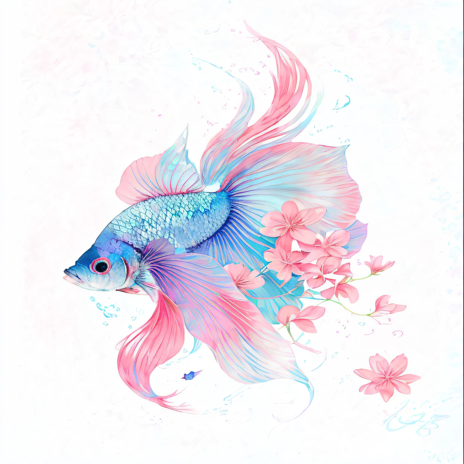 there is a fish with a pink tail and blue tail, a beautiful artwork illustration, exquisite digital illustration, betta fish, beautiful digital artwork, in pastel colors, beautiful gorgeous digital art, beautiful digital art, colorful fish, gorgeous digital art, beautiful digital illustration, blue and pink colors, very beautiful digital art, in style of digital illustration, pink and blue colors