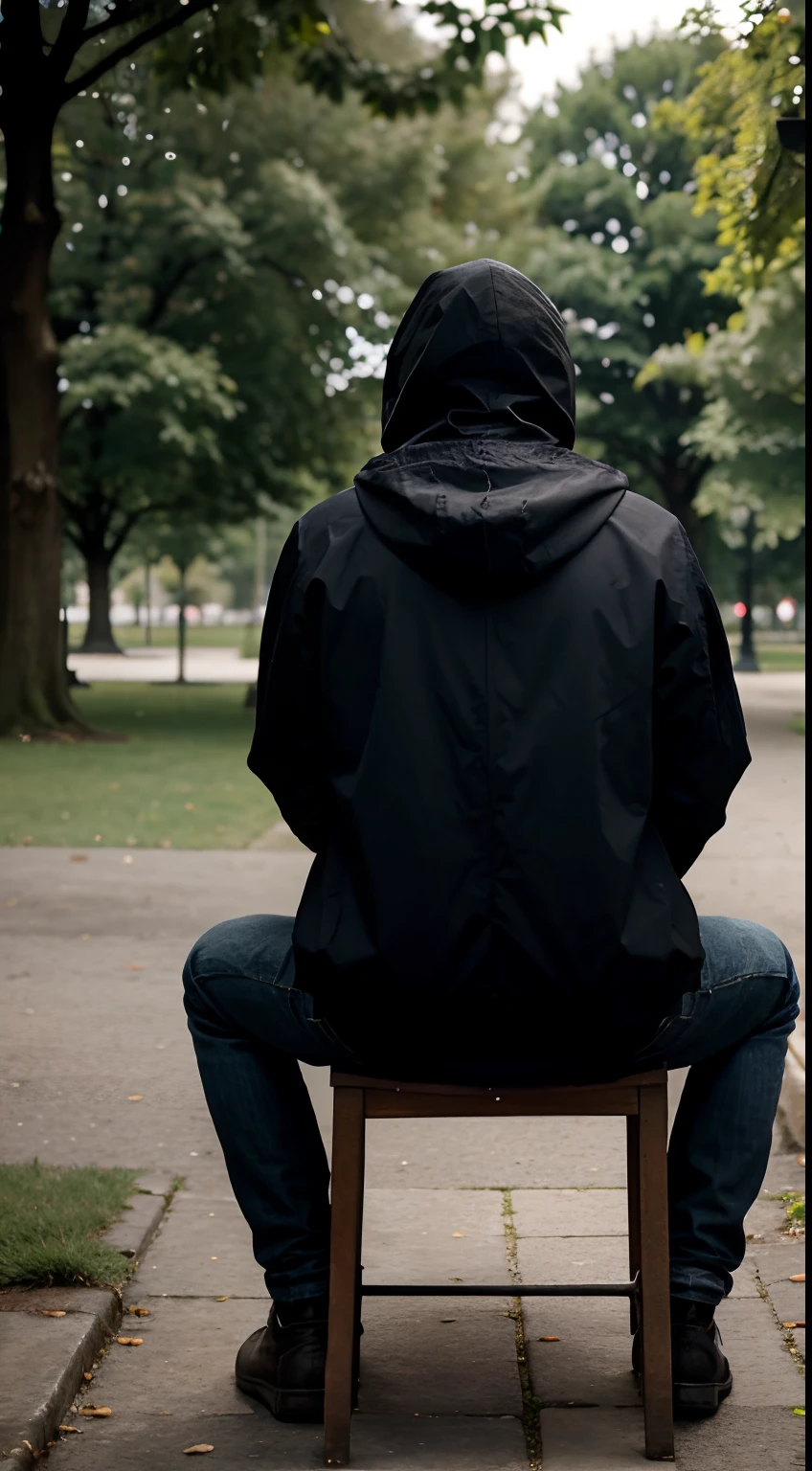Establish very realistic image of a hooded man sitting in a park seen from behind