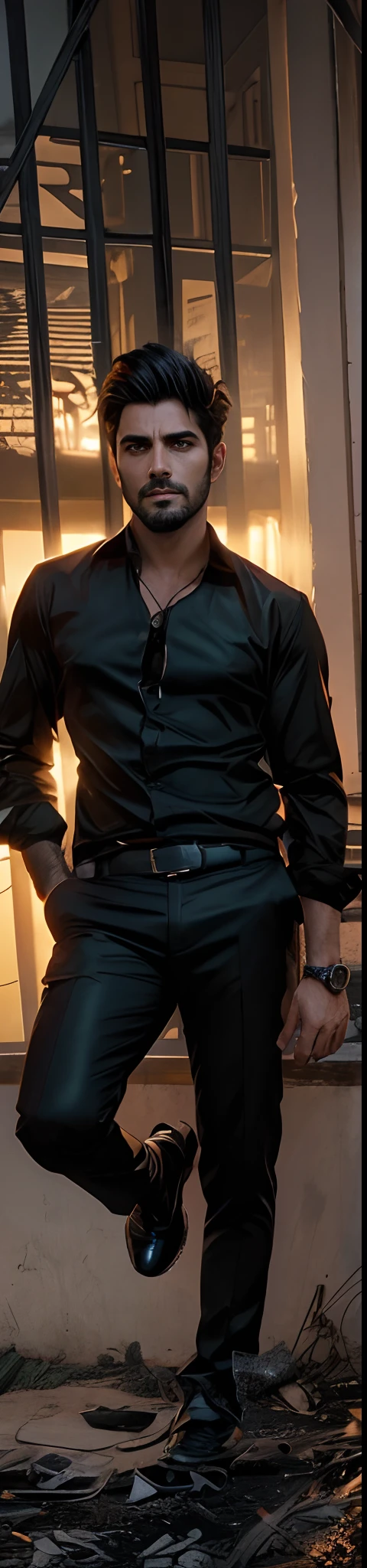 Ultra realistic, dashing attractive male with bright black hair, embodies the look like Constantine, shadow creature that’s behind him in the shape of a wolf shape background change into cool sunset