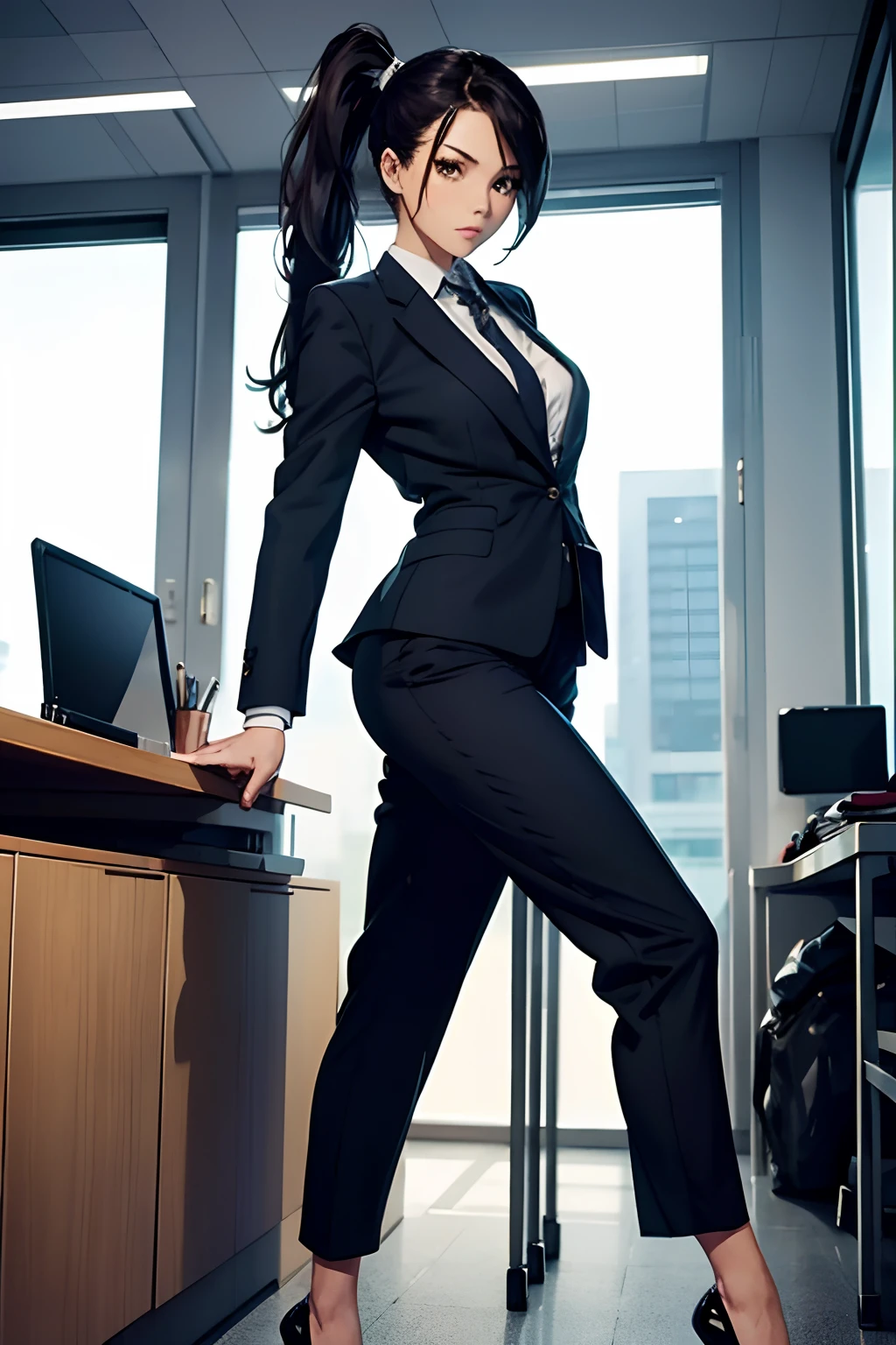 1girl, business suit, long legs , high heels, ponytail, office