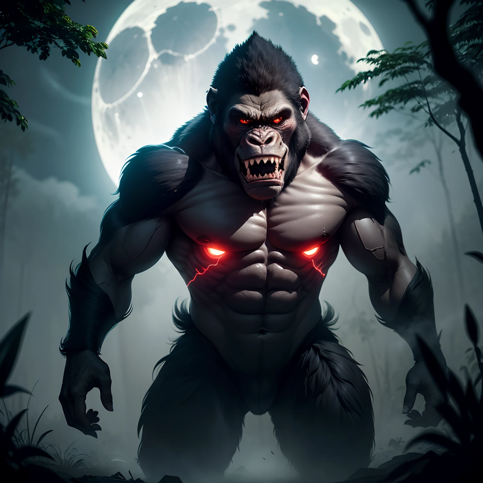 Generate an image of an evil gorilla in a dark jungle, with glowing red eyes and sharp teeth. The gorilla should be surrounded by mist and shadows, with the moonlight casting eerie shadows on the trees. Create an 8k photorealistic image with vibrant colors and high dynamic range