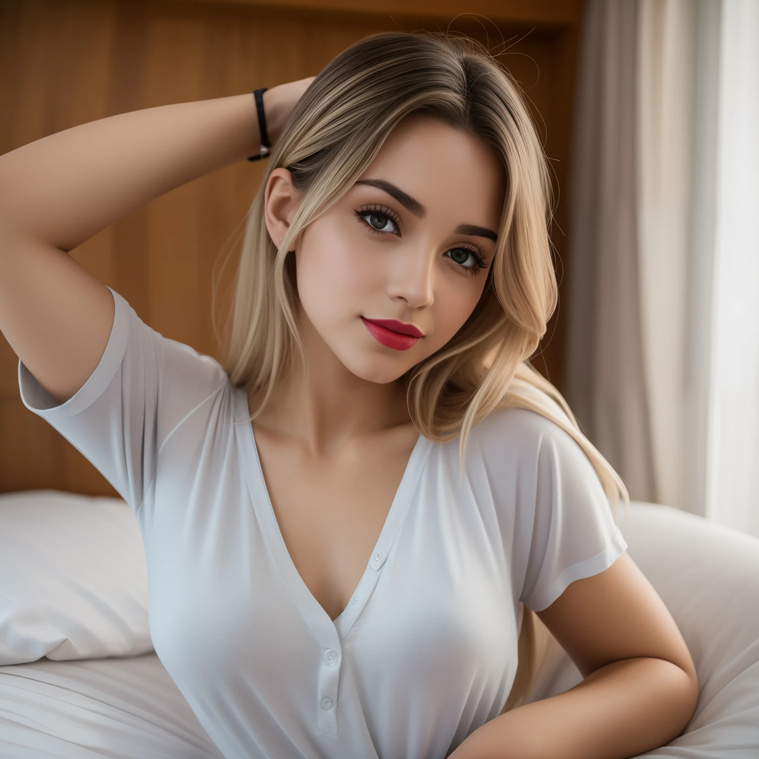 Uma mulher jovem e bonita, blonde hair that falls gently in waves up to the shoulders, altura mediana, olhos grandes e verdes, pele clara, she's in her pyjamas, ela esta em sua cama, fazendo cuidados com a pela antes de dormir, The environment is illuminated with lights of warm and pleasant colors making your hair shine, seu semblante esta naturalmente sereno, lips with red lipstick, Textura 8K, altamente detalhados, realista, soft  Cinematic Light, HDR, foco nítido, obra-prima, fotorrealista, fotografia premiada, Canon EOS R5, 35 mm,seios grandes com cilicone G