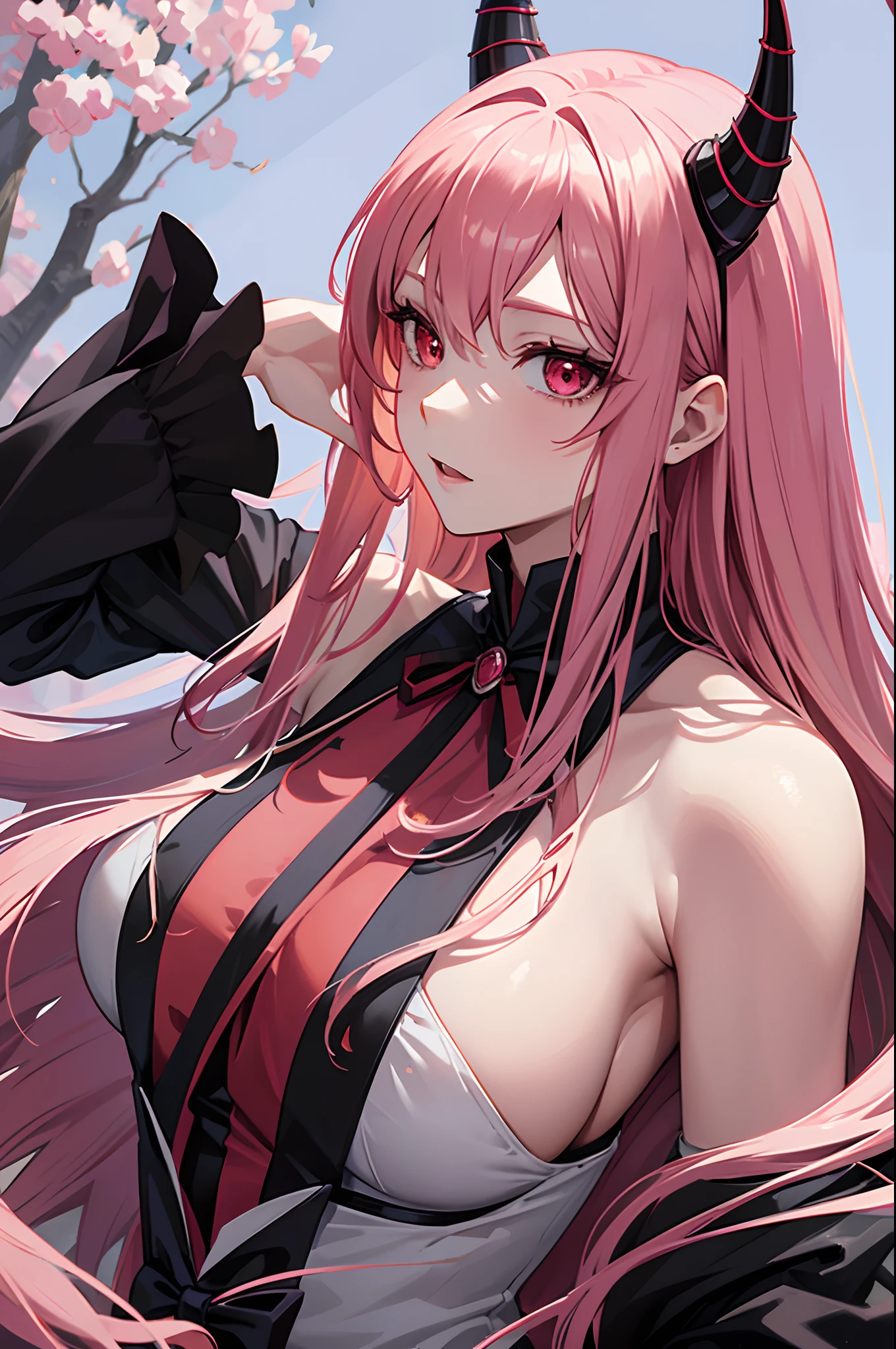Anime, solo, (1woman), Onee-san, long hair, pink hair, adult woman, demon woman, vampire, complex black demon horns, beautiful, enchanting, red eyes, elegant, big breast, charming. Upper body.