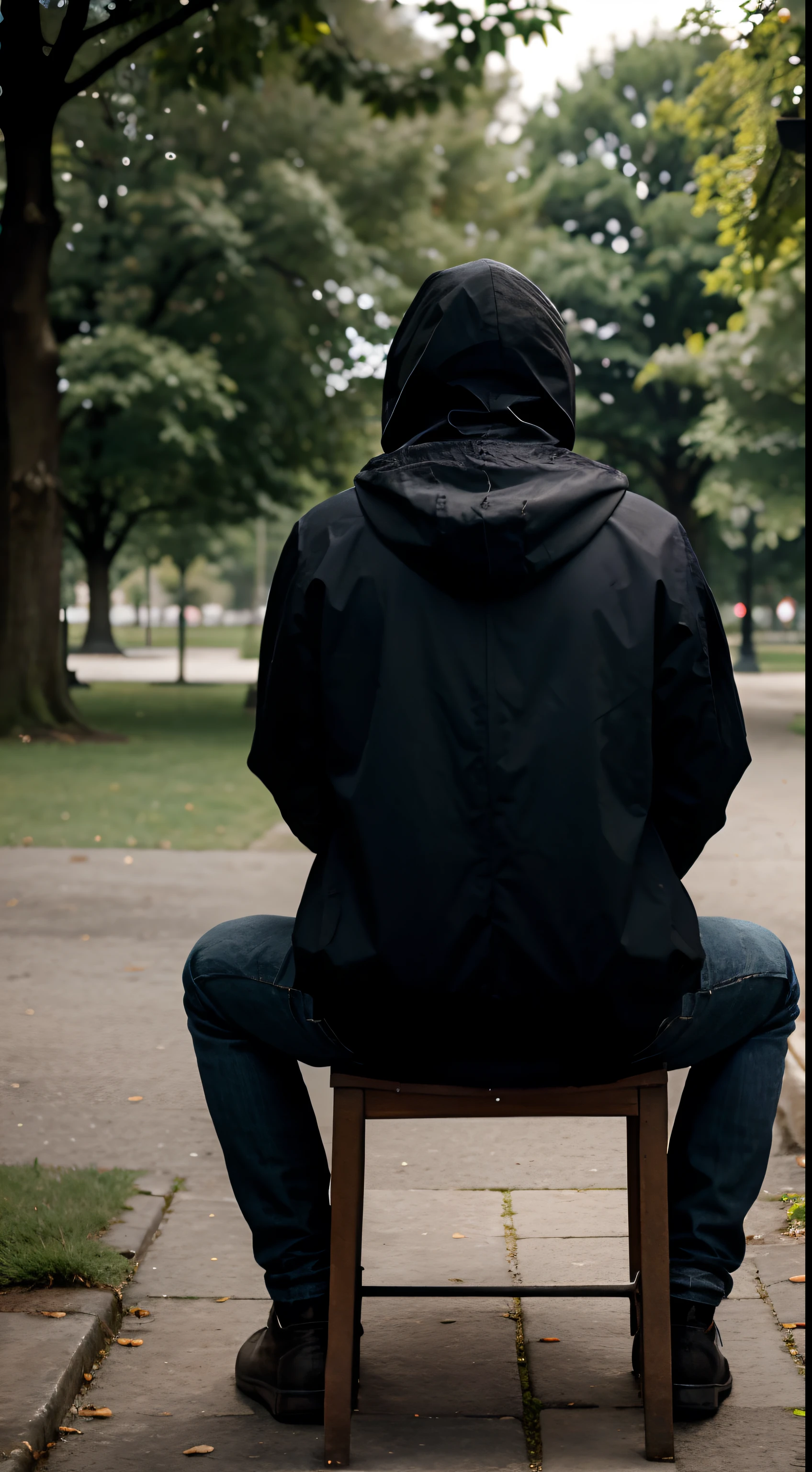 Establish very realistic image of a hooded man sitting in a park seen from behind