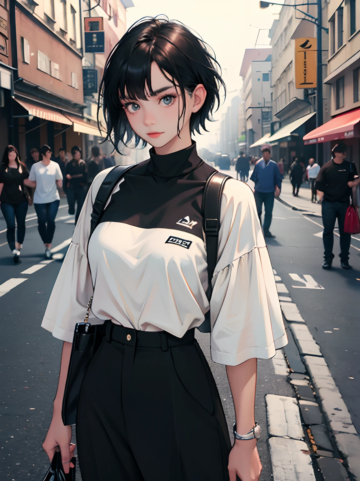 18 year old young girl : 1.3, short black hair: 1.2, Casual wear: 1.2, Daytime: 1.2, On the street: 1.2, Film lighting, Surrealism, UHD, ccurate, Super detail, textured skin, High detail, Best quality, 8k