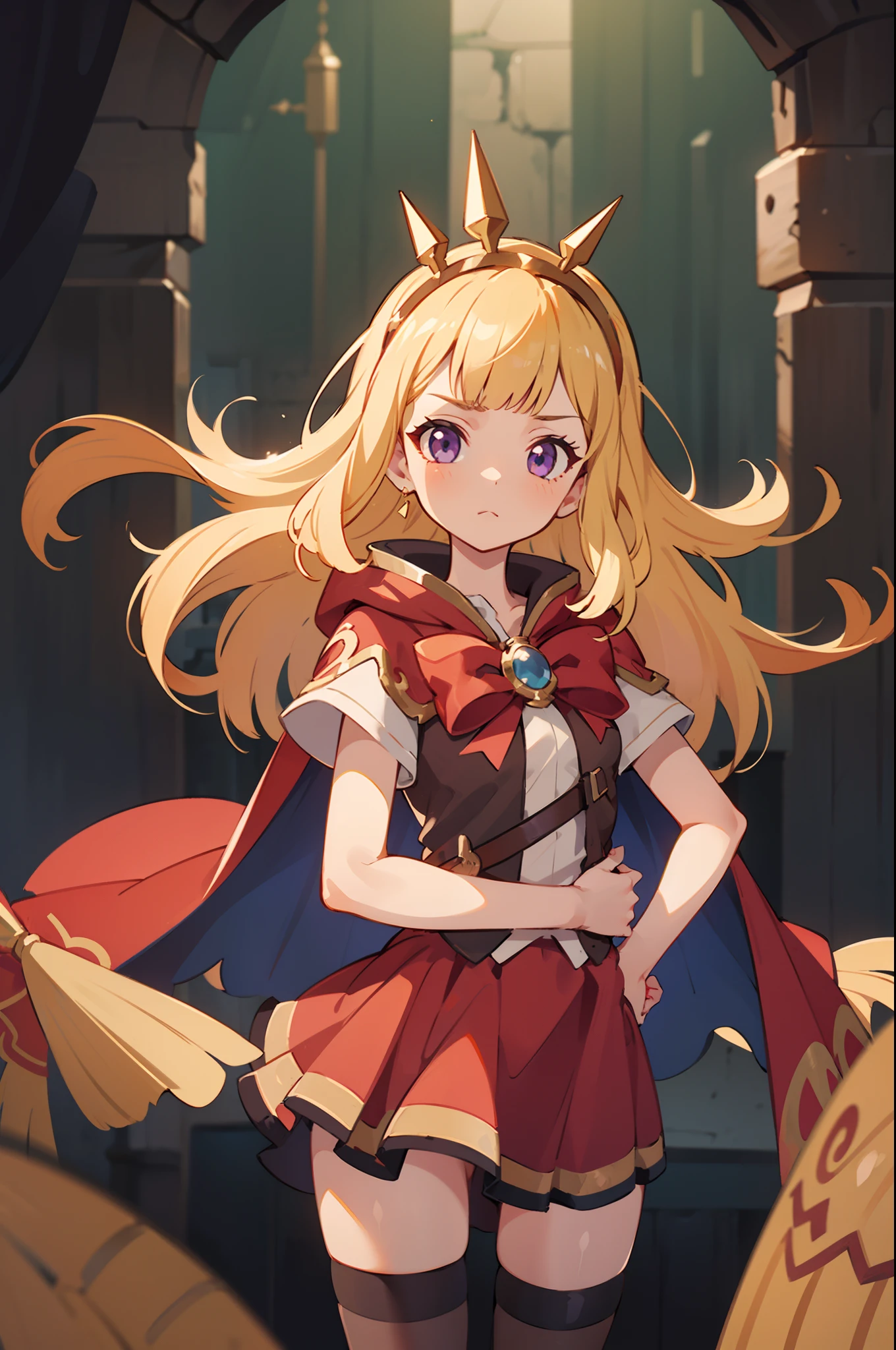 1girl, solo, close-up shot, a girl standing in a medieval dungeon, blonde hair, purple eyes, Cagliostro, long hair, CagliostroBase, hairband, crown, black thighhighs, red bow, red skirt, cape, small breasts, serious, neutral, hand on hips, upper body, looking at viewer, indoors, straight up shot, dark room, dungeon, scenery, black lights white lights, masterpiece, illustration, 8k, best quality