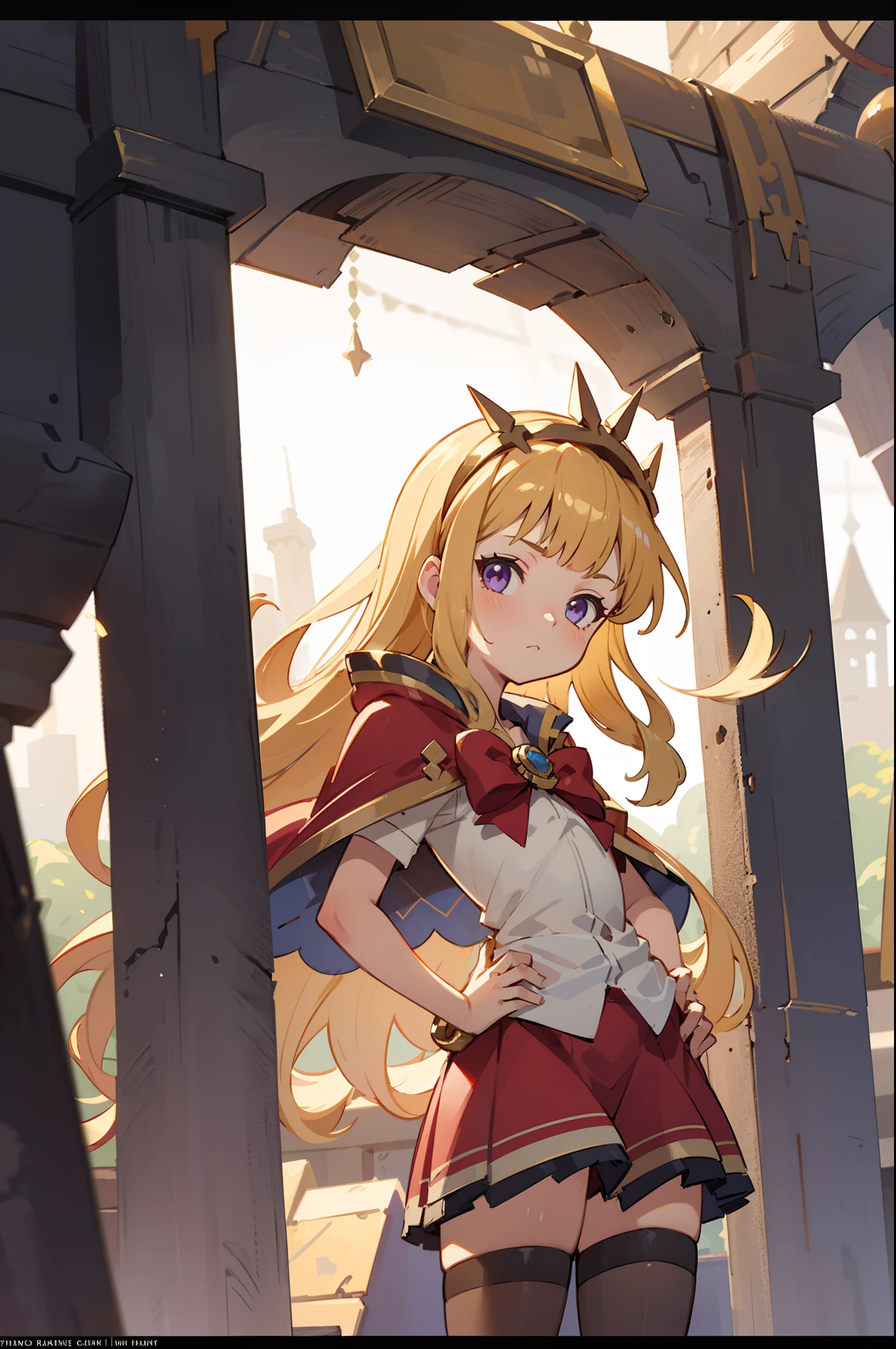 1girl, solo, close-up shot, a girl standing in a medieval dungeon, blonde hair, purple eyes, Cagliostro, long hair, CagliostroBase, hairband, crown, black thighhighs, red bow, red skirt, cape, small breasts, serious, neutral, hand on hips, upper body, looking at viewer, indoors, straight up shot, dark room, dungeon, scenery, black lights white lights, masterpiece, illustration, 8k, best quality