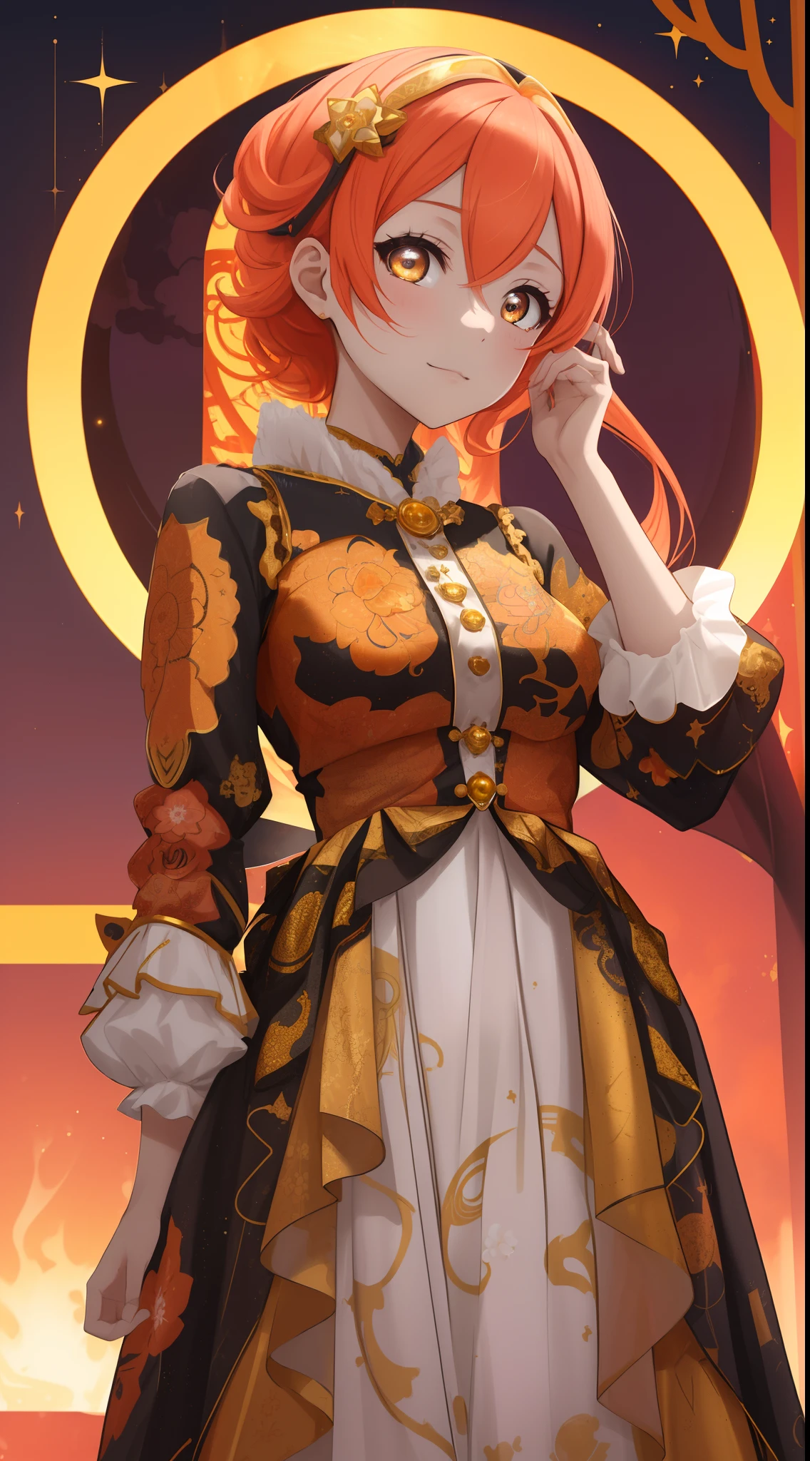 (absurdres, highres, ultra detailed), Hoshizora rin, zodiac sign - Aries goddess , solo, mature, Baroque, long dress, long sleeve, elegant, colorful, highest detailed, upper body , sunset hair . Fire eyes . Brave, willful, productive, enterprising humanitarian face .