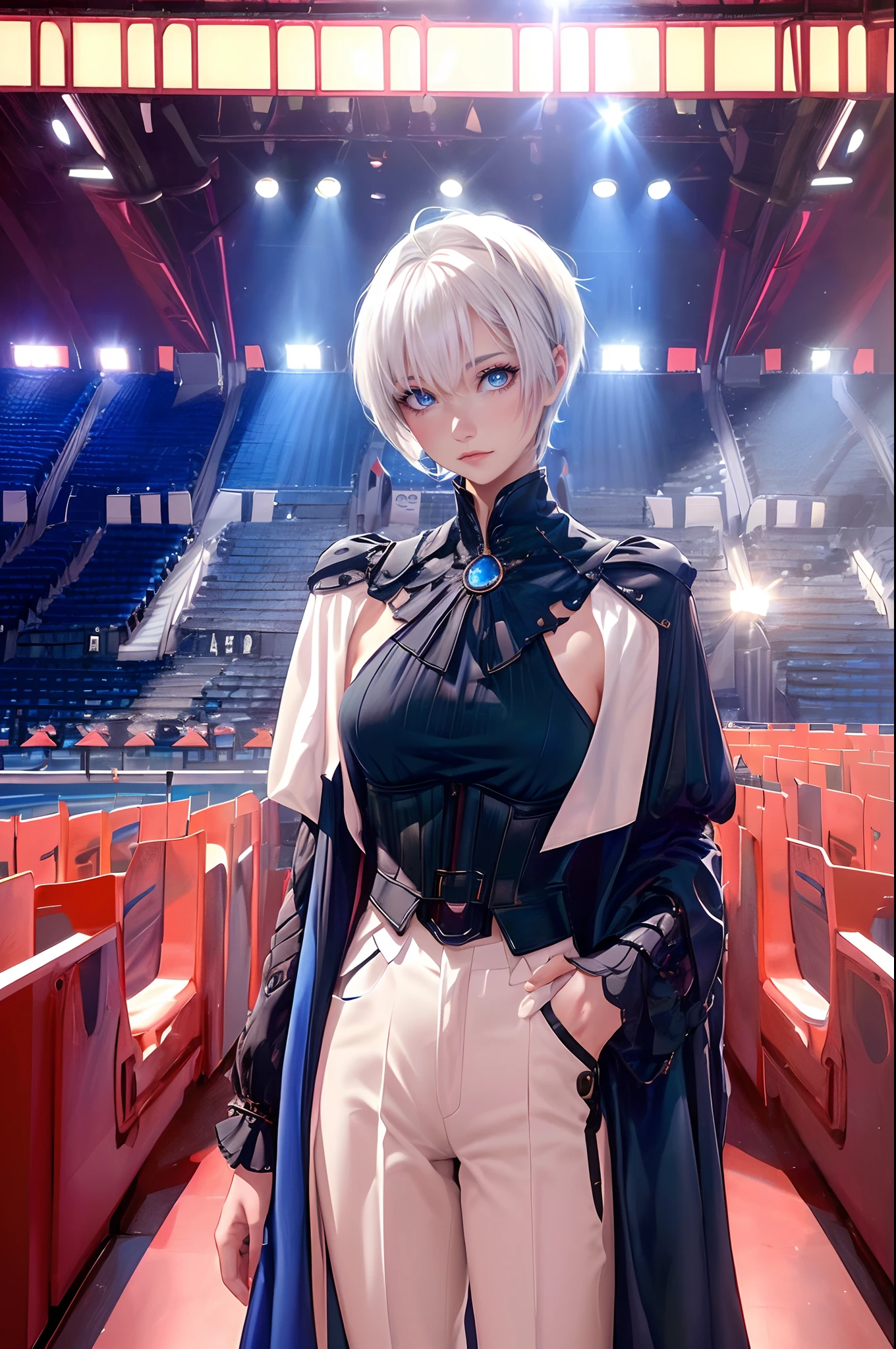 ((4K works))、masterpiece、(top-quality)、One Beautiful Girl、Slim body、tall、((Cool gothic fashion with long sleeve long pants))、(Detailed beautiful eyes)、Daytime city、((Inside the arena venue))、Filmed inside the arena venue、Commemorative photo、((Face similar to Carly Rae Jepsen))、((Short-haired white hair))、((Smaller face))、((Neutral face))、((Bright blue eyes))、((American adult women))、((Adult female 26 years old))、((cool lady))、((Like a celebrity))、((Gentle expression))、((Korean Makeup))、((elongated and sharp eyes))、((Happy dating))、((boyish))、((Upper body photography))、Professional Photos、((Shot alone))、((Stand inside the arena venue))、((He stands in the distance))、How to stand politely、Commemorative photo inside the arena venue