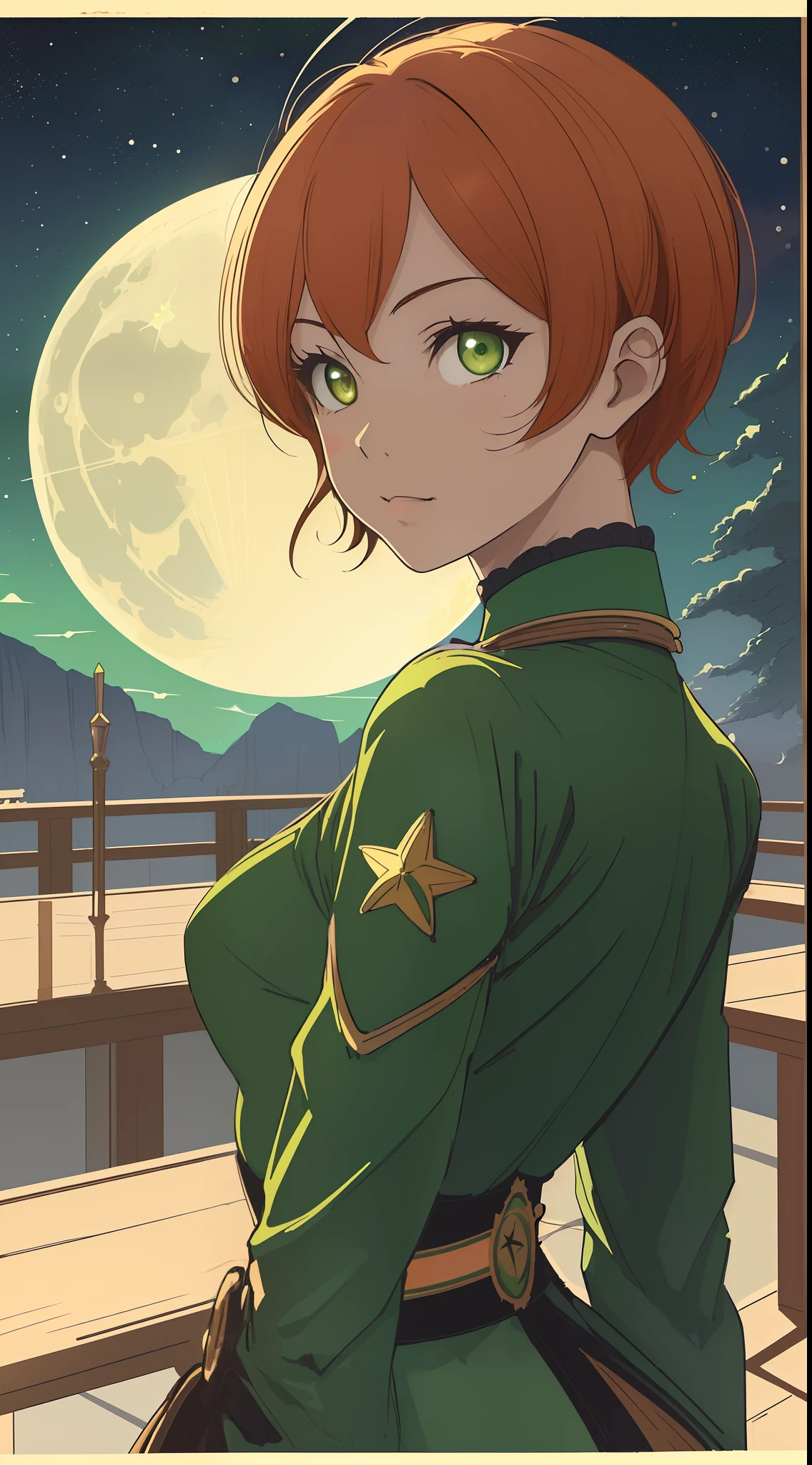 (masterpiece), (best quality), (best detail), (distant general point of view), (edges worn paper),(main color of illustration: jade green), (secondary color: cinnamon), Hoshizora rin , sexy posture, very detailed face, vintage advertising poster with futuristic style letters 60', western futuristic scenery, night (many stars, moon), shading (detailed, much contrast)