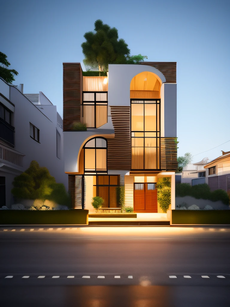 (Townhouse in city ,close houses and trees), daylight ( best quality) ((high solution)) ,(( photo realistic)) ,warm light, (sharp focus) front view of townhouse in style of modern,small house, Narrow area,VietNam,facade, curved arch,beautiful facade,curved windown,narrow and long ,two-storey,mutual colours, soft lighting, warm atmosphere,high Resolution, hyper detailed,4k ,vray render, octane render, hyper realistic, photography expert ,exterior design , professional photography, exterior photography,wide-angle shot , ultra detail , high Resolution , full frame, full body