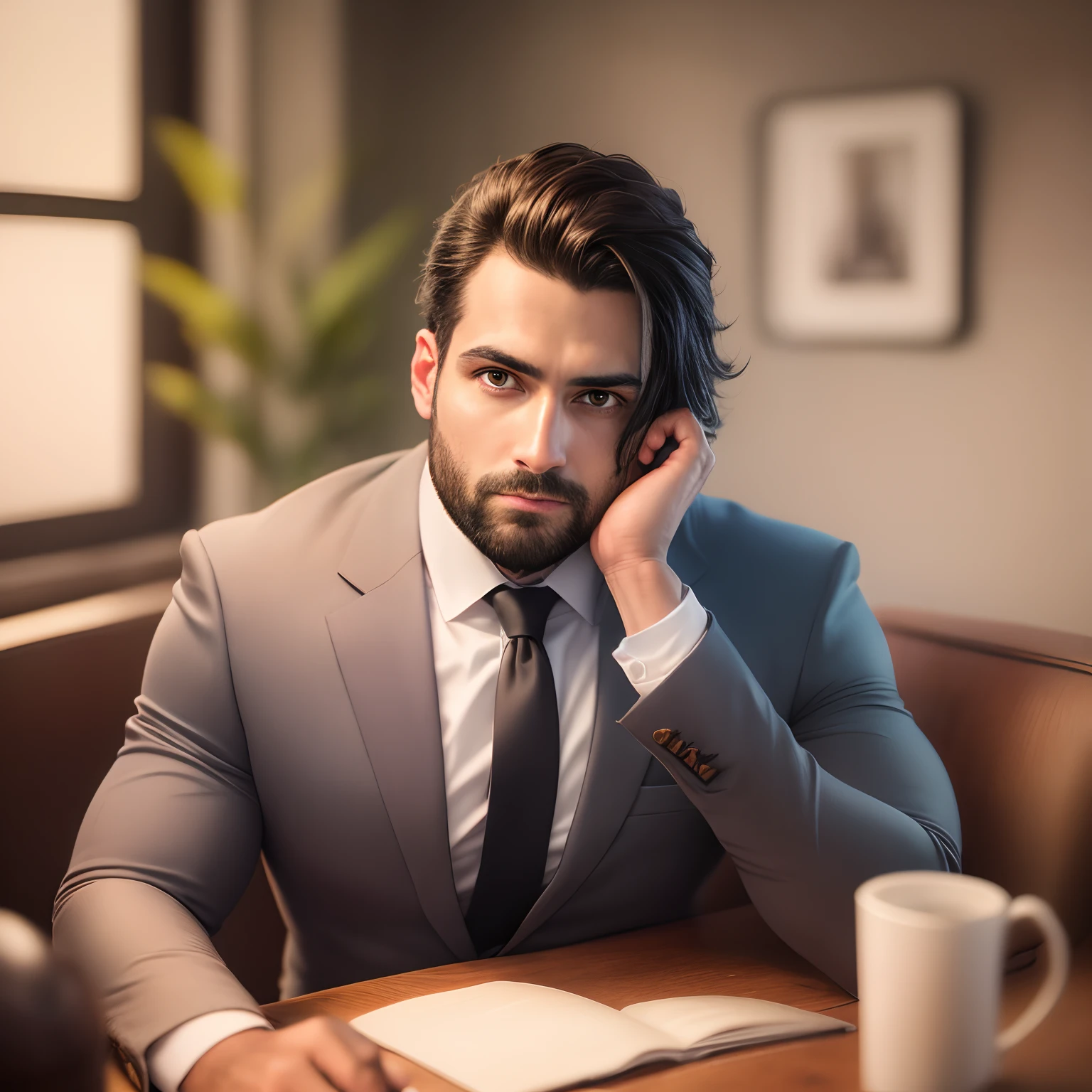 Portrait of a 30-year-old man in suit and tie sitting on a black leather chair, with his arms on the table, Office, body and head straight in the photo and facing the viewer of the photo, Office, eyes staring at the lens, appears shoulders and head in the photo, man centered in the photo,  blurred background, 8k, best quality, masterpiece, realistic, realistic photo, movie photo, ultra realistic, 1 person, detailed, perfect lighting, DSRL, professional photo, 4k.