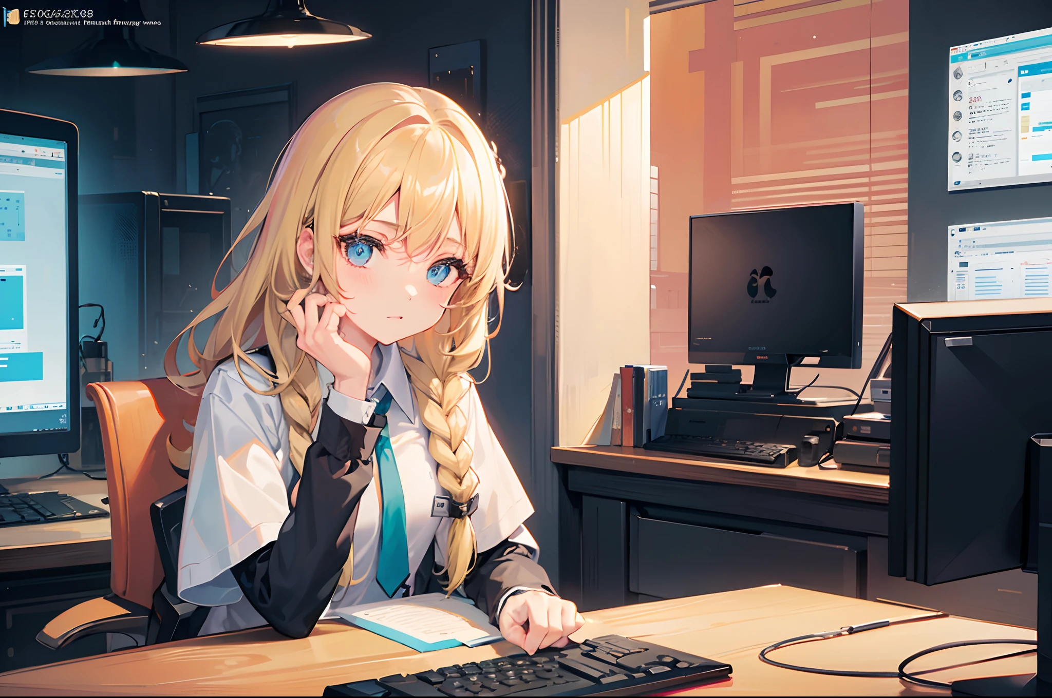 18-year-old blonde, Turquoise eyes, long-haired,Braid left and right, Wearing a black office uniform, sitting on a desk in front of the computer.......With irritability.