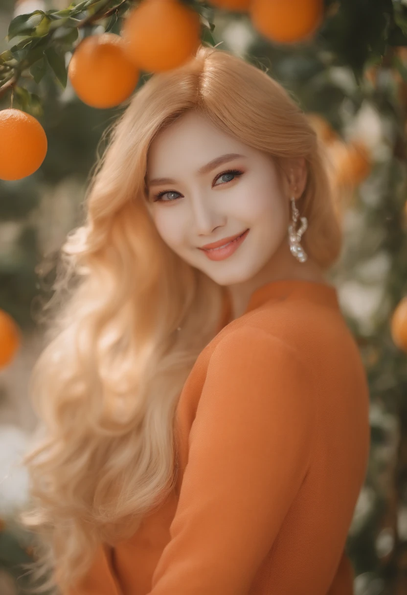 full bodyesbian。full bodyesbian。photoRealstic。photoRealstic。Make orange your theme color。Young blonde beauty with very good style。a smile。sano。kirakira。Poses