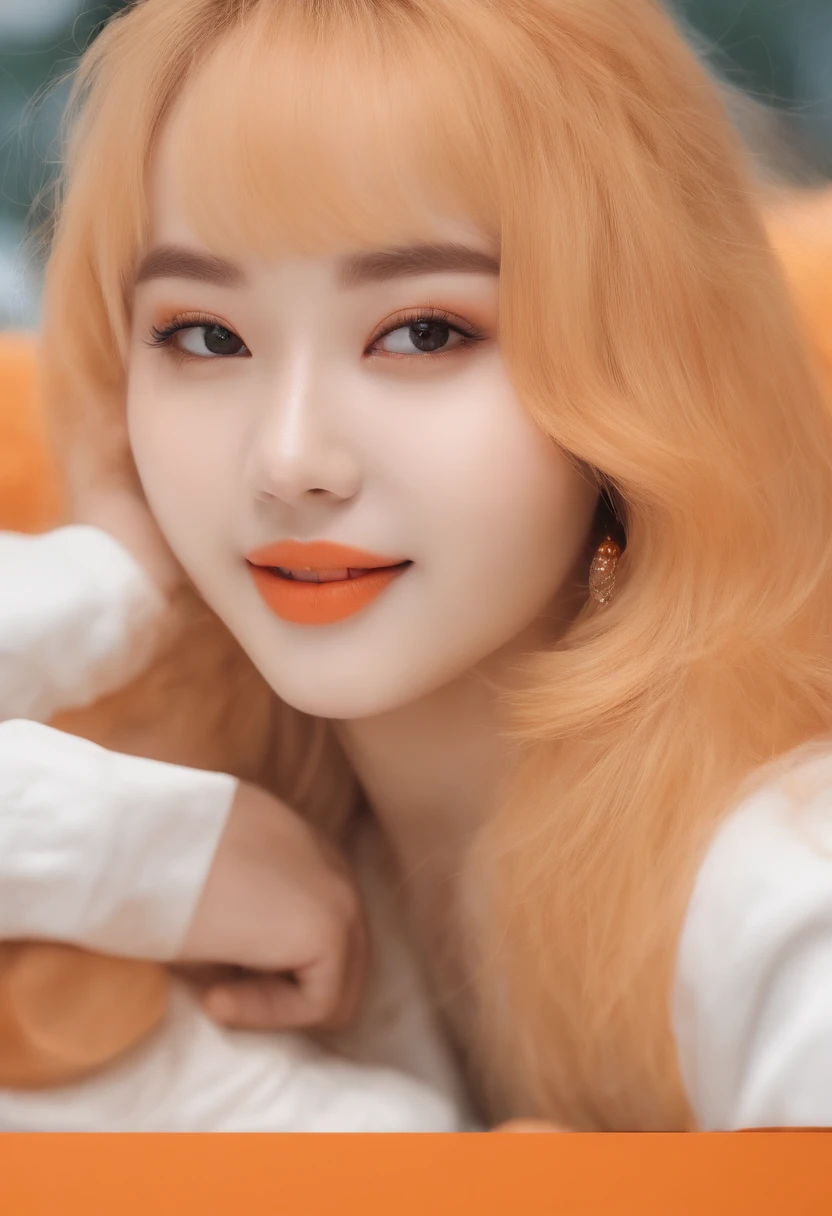 full bodyesbian。full bodyesbian。photoRealstic。photoRealstic。Make orange your theme color。Young blonde beauty with very good style。a smile。sano。kirakira。Poses