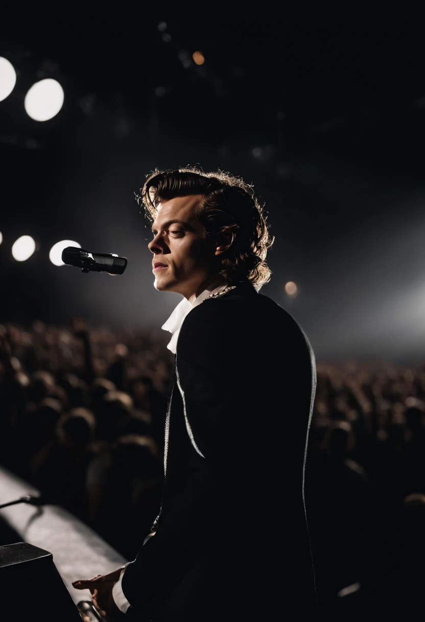 Harry Edward Styles on stage at his concert with a packed stadium