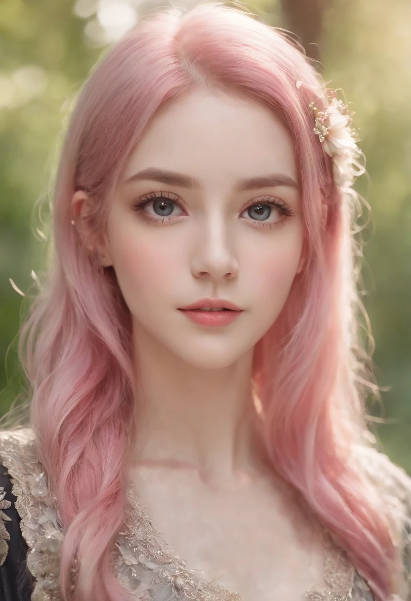 beautiful portrait painting of an anime girl, cute, pink hair, symmetrical face, symmetrical eyes, two identical symmetrical eyes, portrait, beautiful girl, artstation, trending on artstation, gorgeous, smooth skin, cutie, long hair, fantasy style, pastel colors , forest background, FHD, --version 3 --ar 2:3 --uplight --stylize 1250