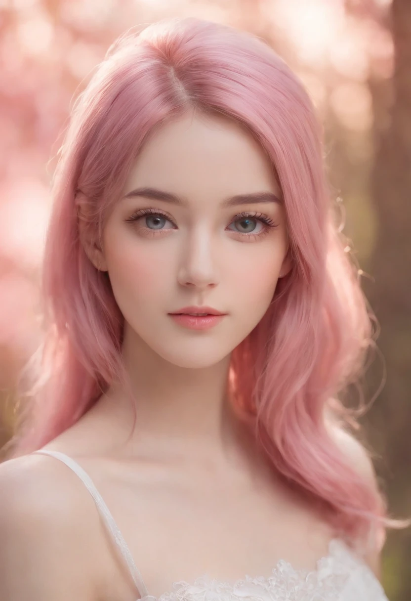 beautiful portrait painting of an anime girl, cute, pink hair, symmetrical face, symmetrical eyes, two identical symmetrical eyes, portrait, beautiful girl, artstation, trending on artstation, gorgeous, smooth skin, cutie, long hair, fantasy style, pastel colors , forest background, FHD, --version 3 --ar 2:3 --uplight --stylize 1250