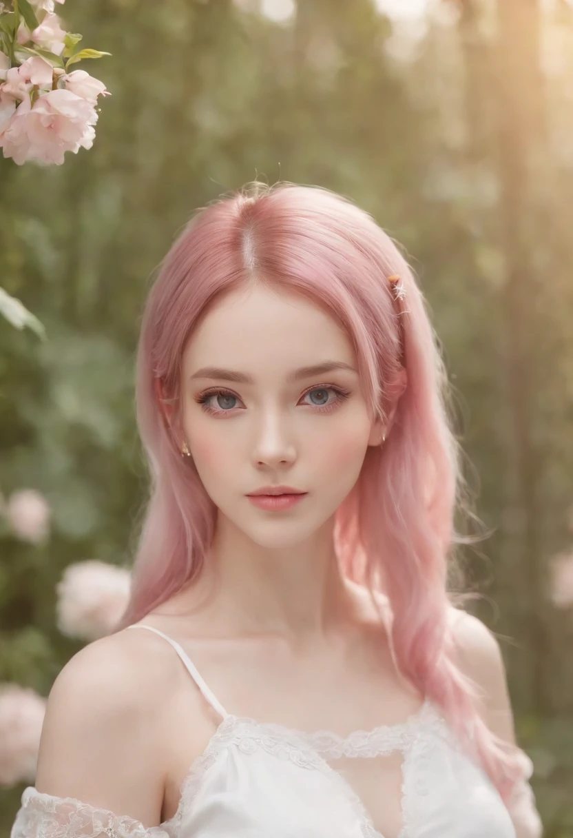 beautiful portrait painting of an anime girl, cute, pink hair, symmetrical face, symmetrical eyes, two identical symmetrical eyes, portrait, beautiful girl, artstation, trending on artstation, gorgeous, smooth skin, cutie, long hair, fantasy style, pastel colors , forest background, FHD, --version 3 --ar 2:3 --uplight --stylize 1250