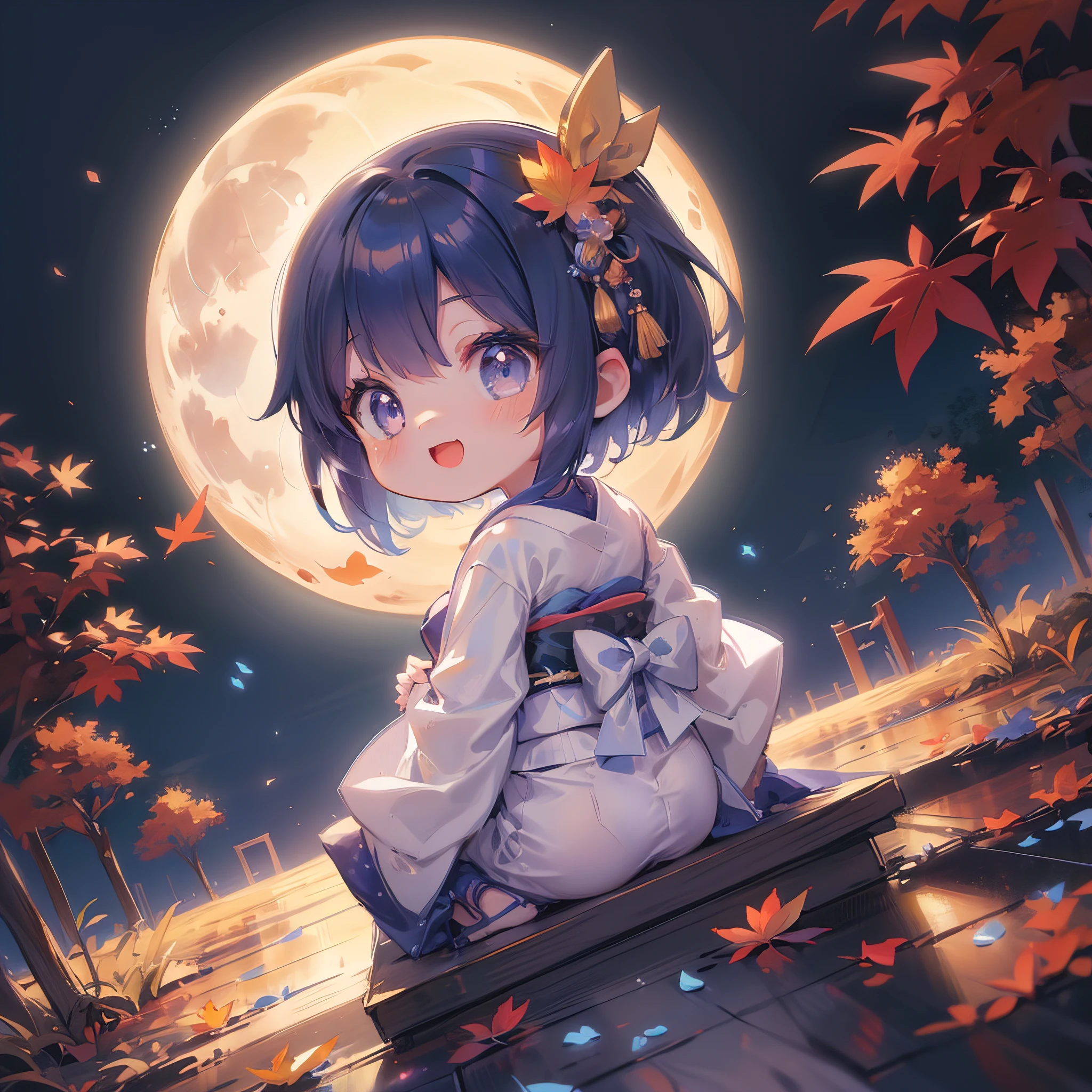 masutepiece, Best Quality, Extremely detailed, Anime, Night, from the rear, Cinematic Angle, girl with, Solo, Full body, Kimono, wariza, Deformed, Chibi Character, Japanese style, (Autumn:1.2), BREAK, (Full moon shining blue:1.3), Back lighting, Night, Stargazing, Happy.