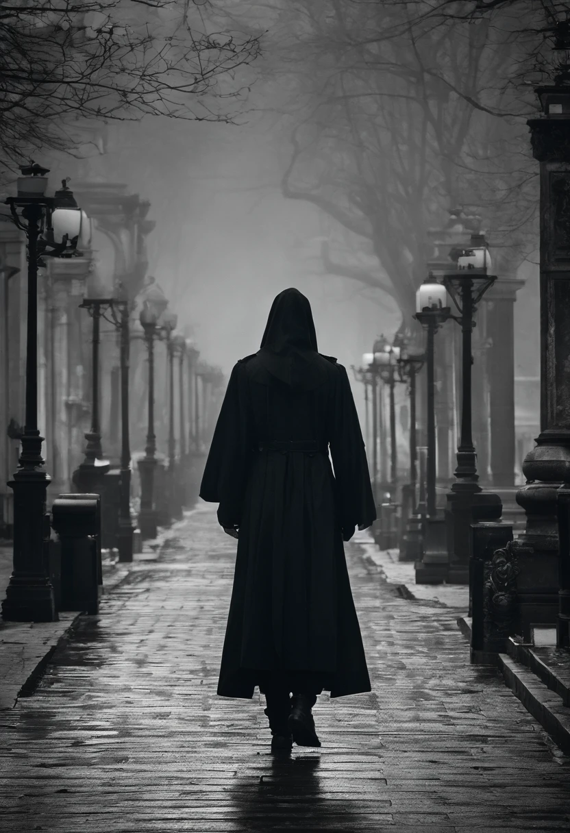 A haze hangs over，Man strolling alone in the street，Thick clouds，Icy concrete and glass，Street lamps cast a faint and dull glow，The only thing that accompanies the man is a vague shadow in the darkness，The man's eyes were deep and sad，Lonely and desperate。