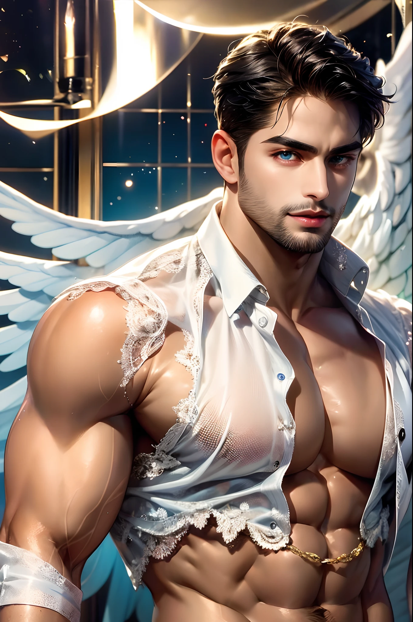 Handsome man with Latin mulatto skin and attractive features, tanned skin tone, dark blue eyes with friendly expression, huge white wings coming out of his back, thick muscles, medium long men's haircut, black brown hairstyle, small beard, rough clothing and rock style, beautiful tattoos all over the body. Only.