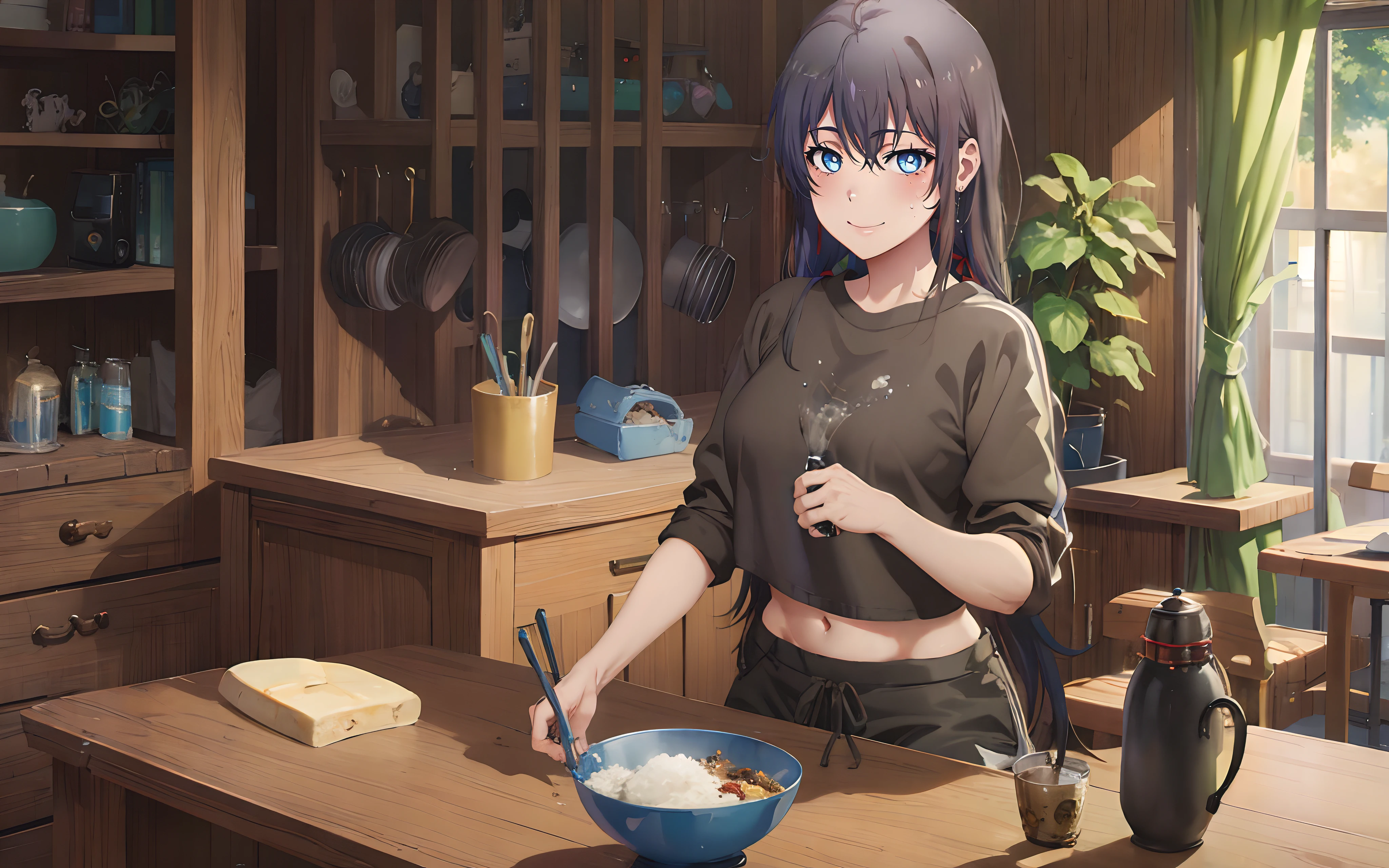 yukinoshita yukino, (long hair, black hair:1.6), blue eyes, heavy breathing, huge breasts, breast press, 1girl, navel, indoors, solo, black_shirt, shirt, potted_plant, looking_at_viewer, bowl, plant, breasts, food, wooden_floor, standing, cutting_board, midriff, bottle, skirt, window, long_sleeves, bookshelf, cup, chopsticks, kitchen, plate, holding, rice, wooden_table, table, short_sleeves, grey_shirt, black_skirt, sidelocks, pants, glow effects, godrays, Hand drawn, render, 8k, octane render, cinema 4d, blender, dark, atmospheric 4k ultra detailed, cinematic, Sharp focus, big depth of field, Masterpiece, colors, 3d octane render, 4k, concept art, trending on artstation, hyperrealistic, Vivid colors, extremely detailed CG unity 8k wallpaper, trending on CGSociety, Intricate, High Detail, dramatic"", (anime coloring, anime screencap:1.4), nsfw art,
