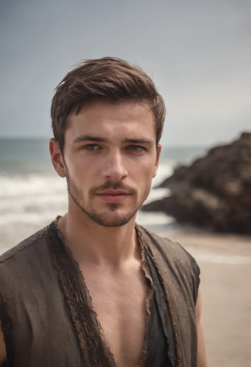 A masculine young man in his late twenties, short beard, darl brown hair , light hazel eyes, masculine energy, standing on the beach, wearing ripped pirate clothes, wet body, looking exasperated