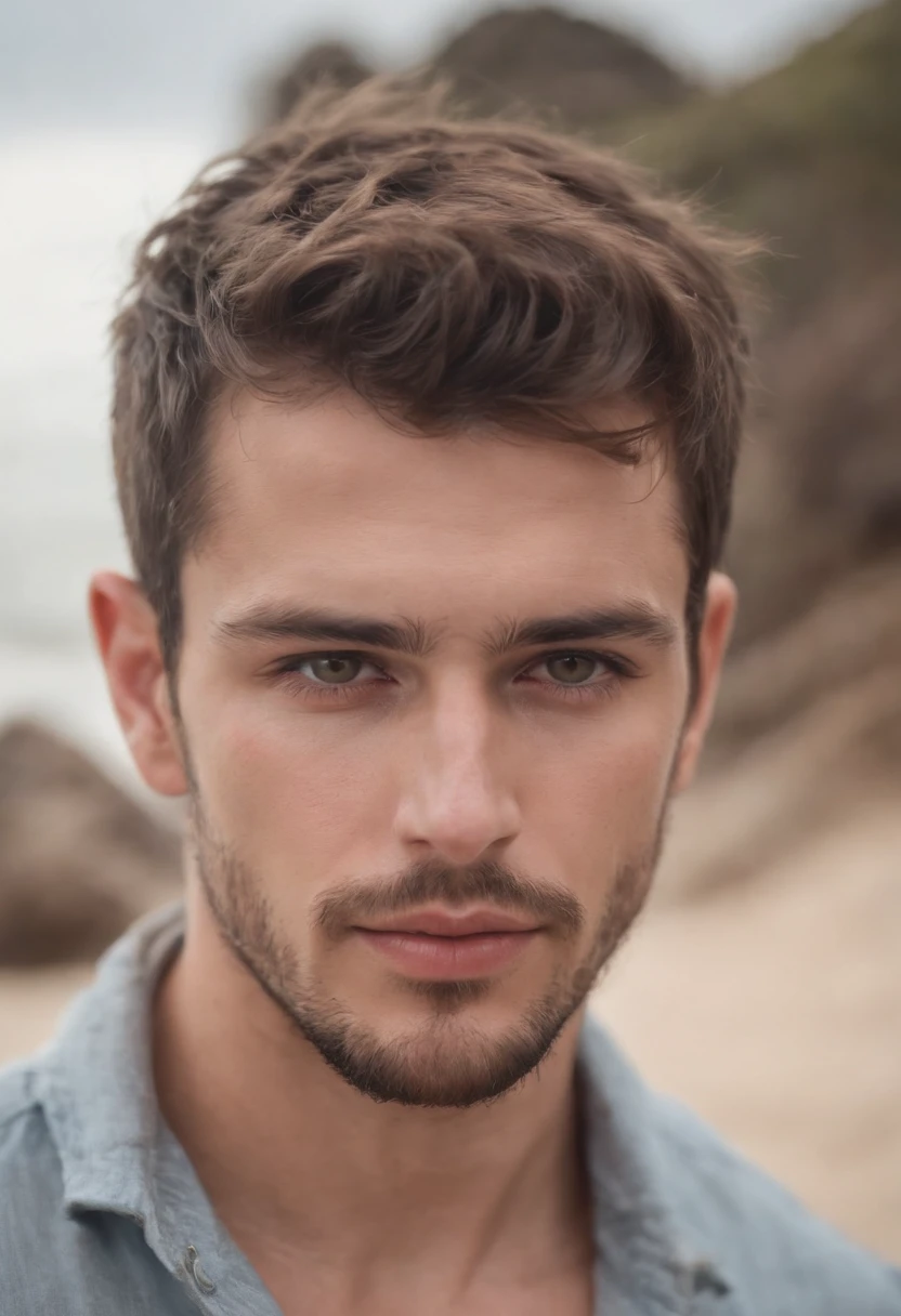 A masculine young man in his late twenties, short beard, darl brown hair , light hazel eyes, masculine energy, standing on the beach, wearing ripped pirate clothes, wet body, looking exasperated