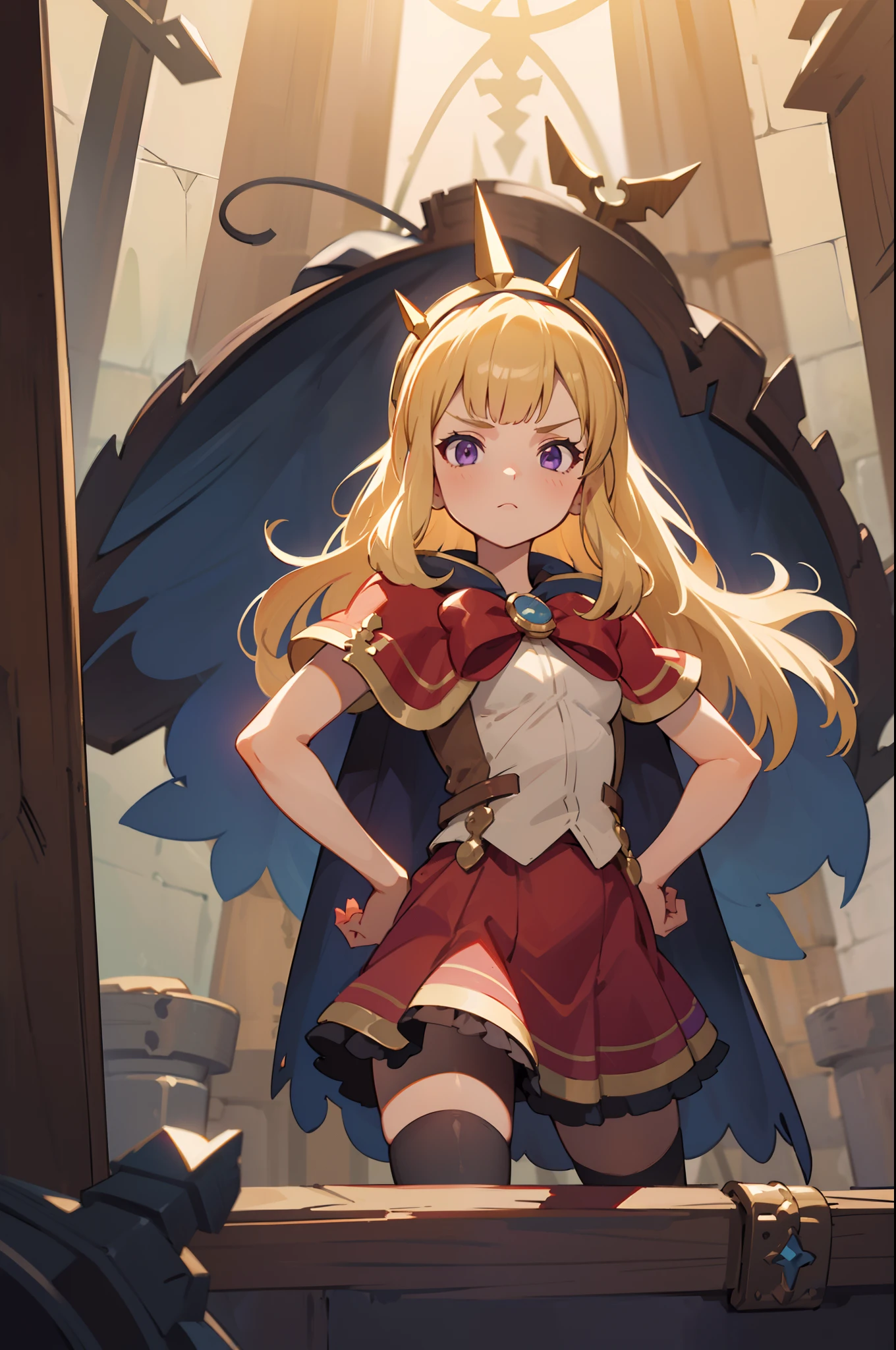 1girl, solo, close-up shot, a girl standing in a medieval dungeon, blonde hair, purple eyes, Cagliostro, long hair, CagliostroBase, hairband, crown, black thighhighs, red bow, red skirt, cape, small breasts, serious, neutral, hand on hips, upper body, looking at viewer, indoors, straight up shot, dark room, dungeon, scenery, black lights white lights, masterpiece, illustration, 8k, best quality