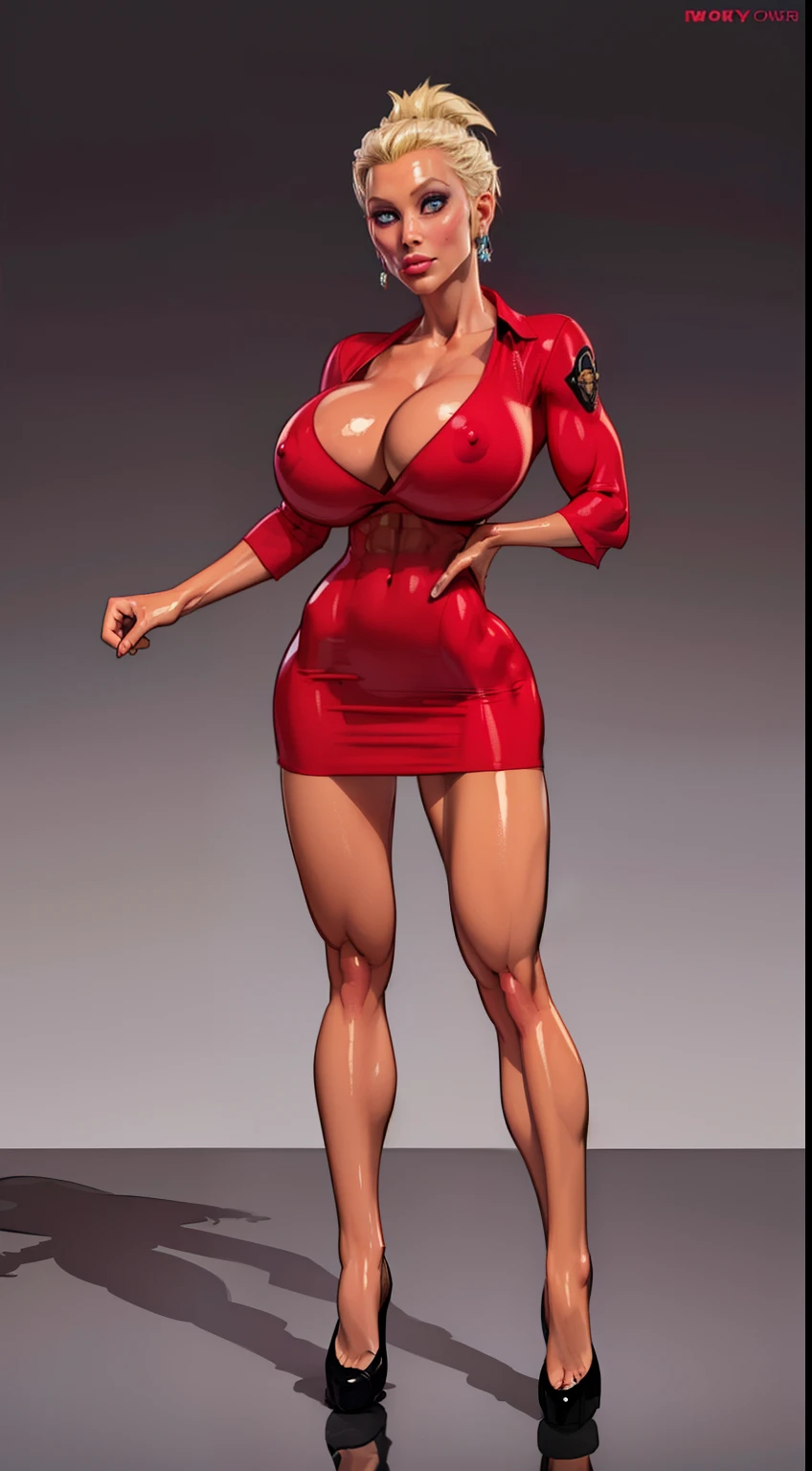 Scarlet_ff7, (puffy lips:1.4),slight smirk,  red dress, short dress, cleavage, (gigantic breasts:1.2), (seductive eyes:1.2), character design sheet, masterpiece, (slendered abs:1.2) ,detailed , shiny skin,  space background, beautiful lighting from the side, harsh light((front view)), ((full body view))