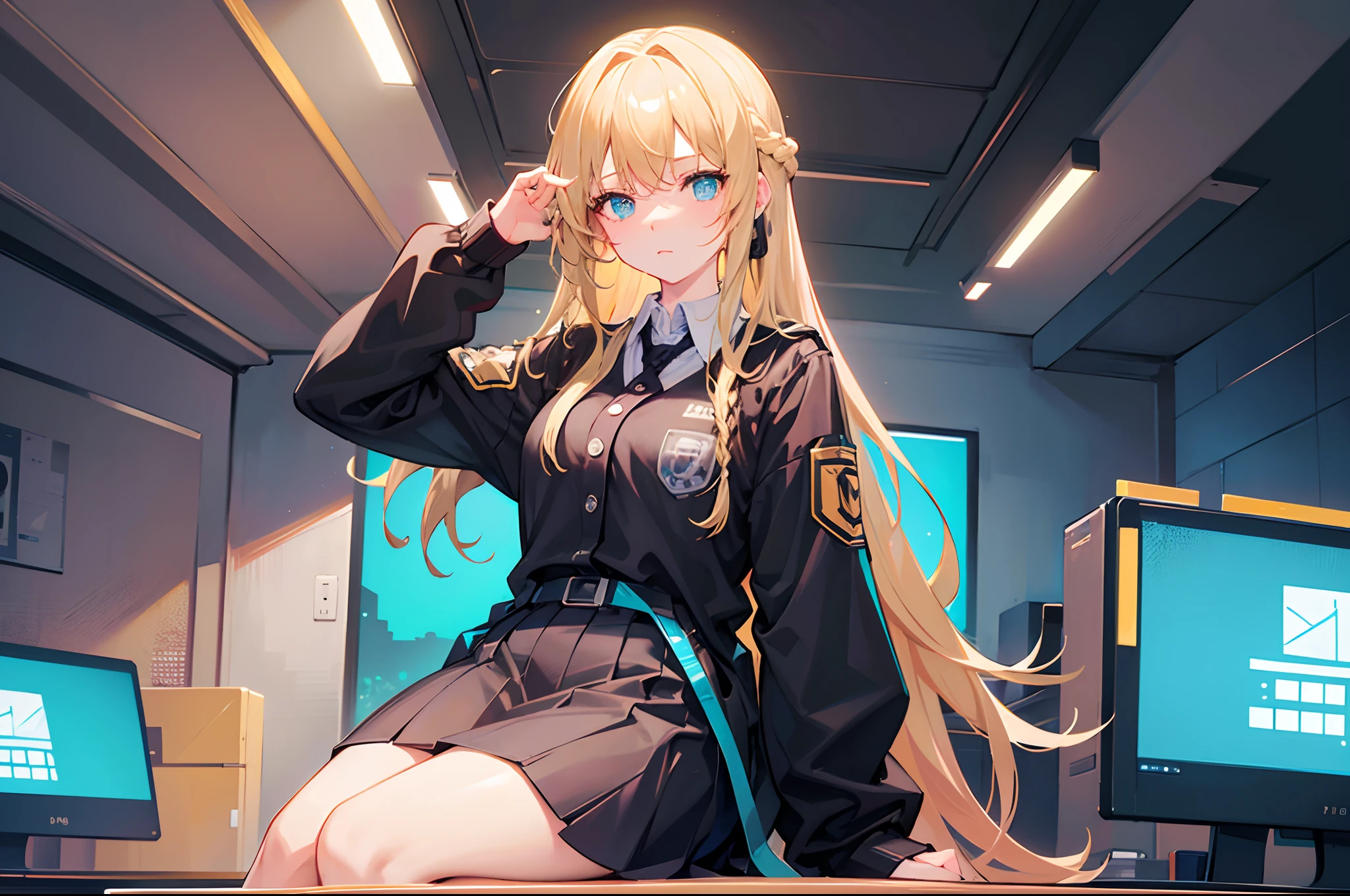 18-year-old blonde, Turquoise eyes, long-haired,Braid left and right, Wearing a black office uniform, sitting on a desk in front of the computer.......With irritability.