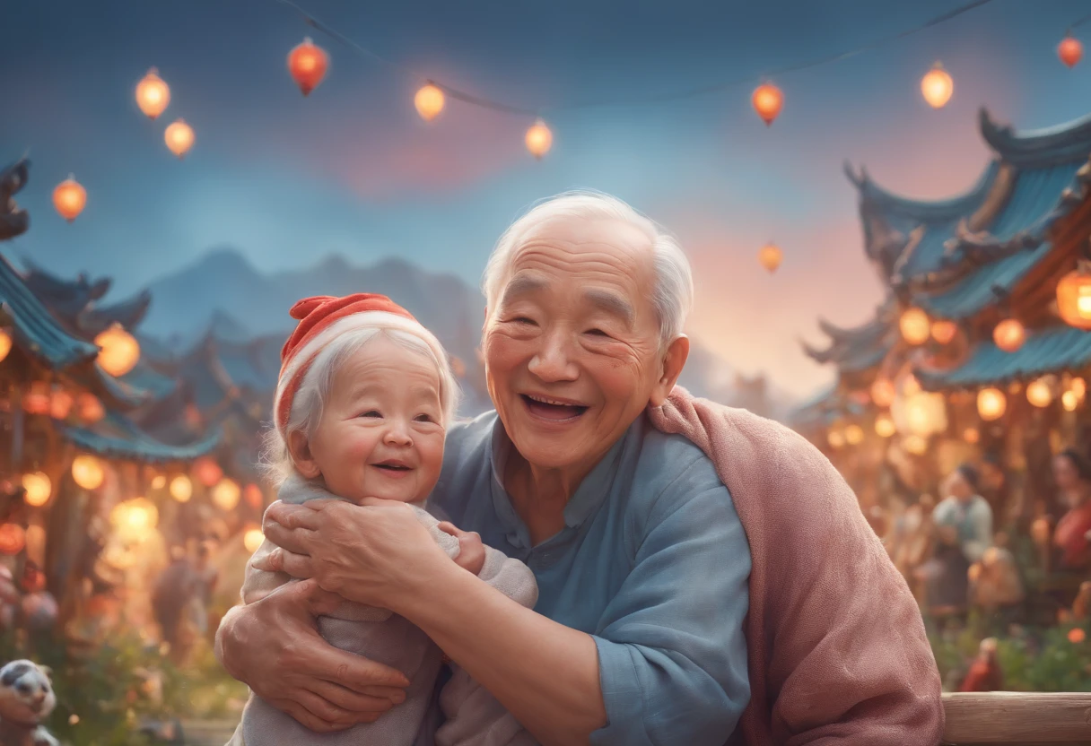 Chongyang Festival Respect for the Elderly，grampa，Daddy，Mom and child laugh together，Cartoon pictures Normal background, A beautiful artwork illustration, Colorful illustration, Colorful illustrations, archan nair, painting illustration, fairy-tale illustration style, editorial illustration colorful, colorful concept art, dreamlike illustration, Colorful!Character design, Wonderful illustrations, illustrated in whimsical style, Exquisite digital illustration