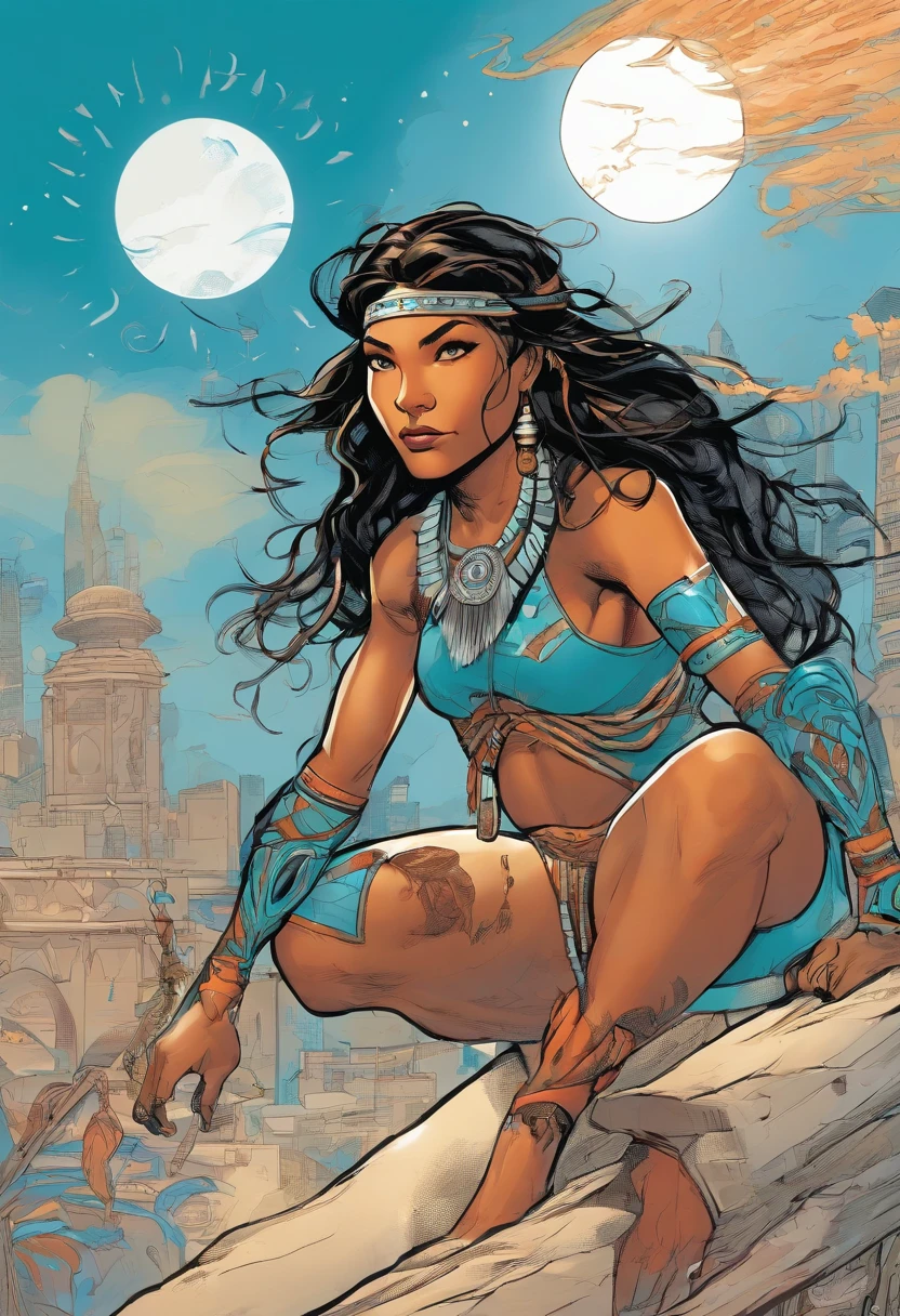 Female, very young Teenager who is a Native American Spiderman with Water based abilities and culturally Cherokee. Outfit has blue, teal, and white with orange accents.