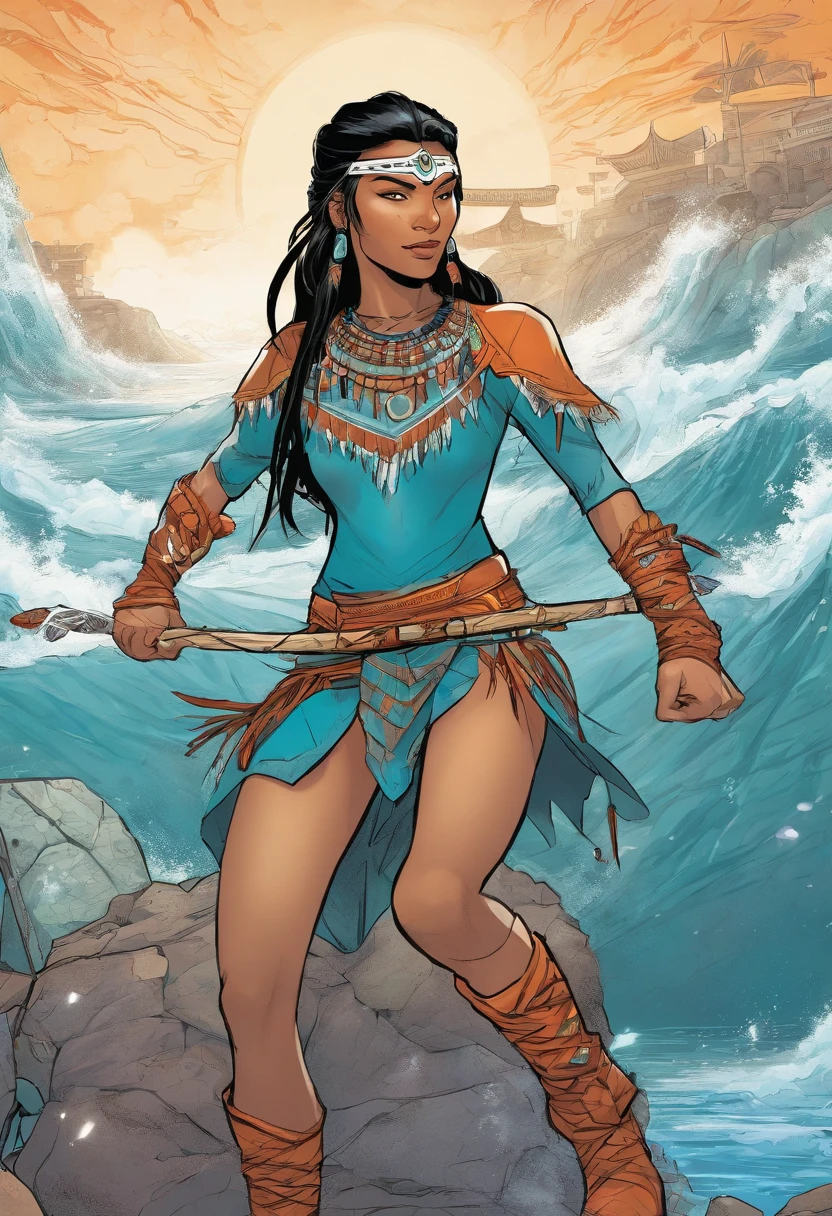 Female, very young Teenager who is a Native American Spiderman with Water based abilities and culturally Cherokee. Outfit has blue, teal, and white with orange accents.