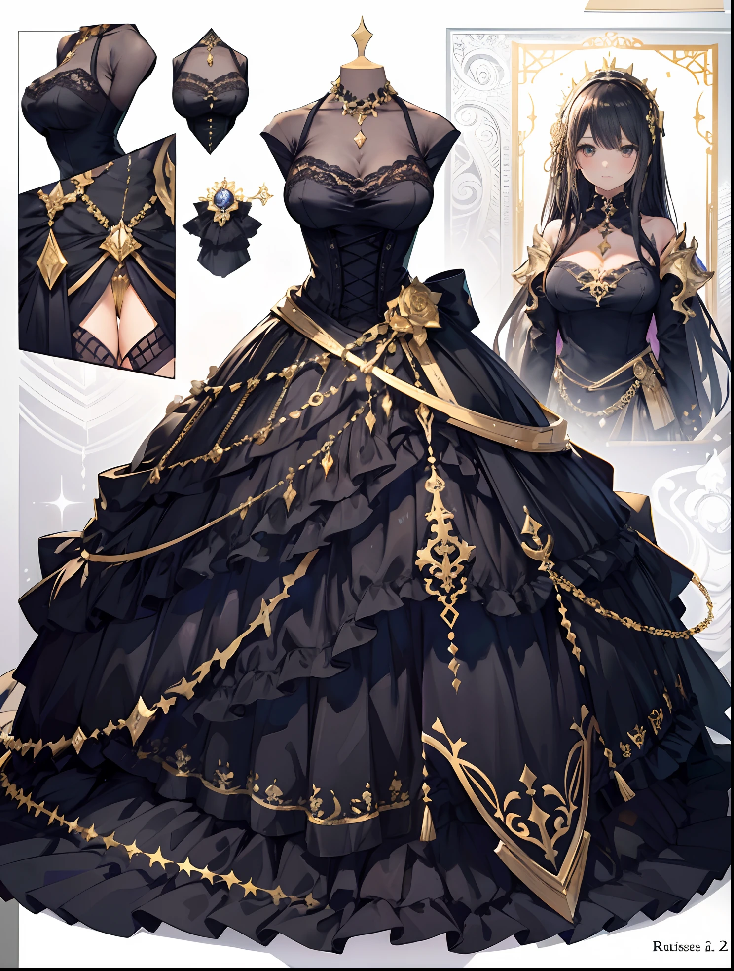 ((One girl)), Ultra-realistic photo of a girl in a majestic gold-black and gold ball gown dress, Big beautiful dress, Complex puffy ball gown with lots of frills and rhinestones (Best Quality, masutepiece, art  stations, Fantasy Art:1.2), Palace rooms, Beautiful cute girl, (Long Black Hair:1.1), (Complex short gold skirt, Bare legs:1.2, Full body shot)