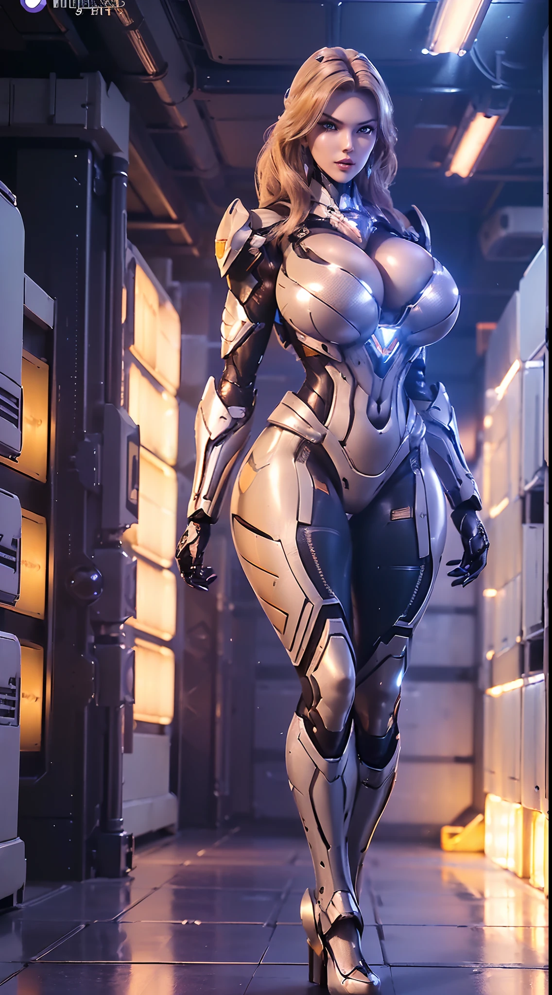 (1GIRL, ALONE, SOLO), (super detailed face), (blond wavy long hair,Phoenix mecha helm: 1), (BIG BUTTOCKS, 11 LINE ABS, CLEAVAGE, HUGE FAKE BREASTS:1.5), (MECHA GUARD ARM:1.3), (purple,black MECHA CYBER ARMORED, DIAMOND IN CORE MECHA ARMOR, MECHA SKINTIGHT SUIT PANTS, MECHA GUARD ARMOR LEGS, HIGH HEELS:1.5), (THICC MUSCULAR FEMALE BODY, SEXY LONG LEGS:1.1), (LOOKING AT VIEWER:1.3), (female focus:0.886), (WALKING DOWN HALLWAY OF FUTURISTIC SPACE STATION:1), (BRIGHT LIGHTING:1.5), SUPER TEXTURE, UNREAL ENGINE RENDER, PHYSICALLY-BASED RENDERING, ULTRA HIGHT DEFINITION, 16K, 1080P.